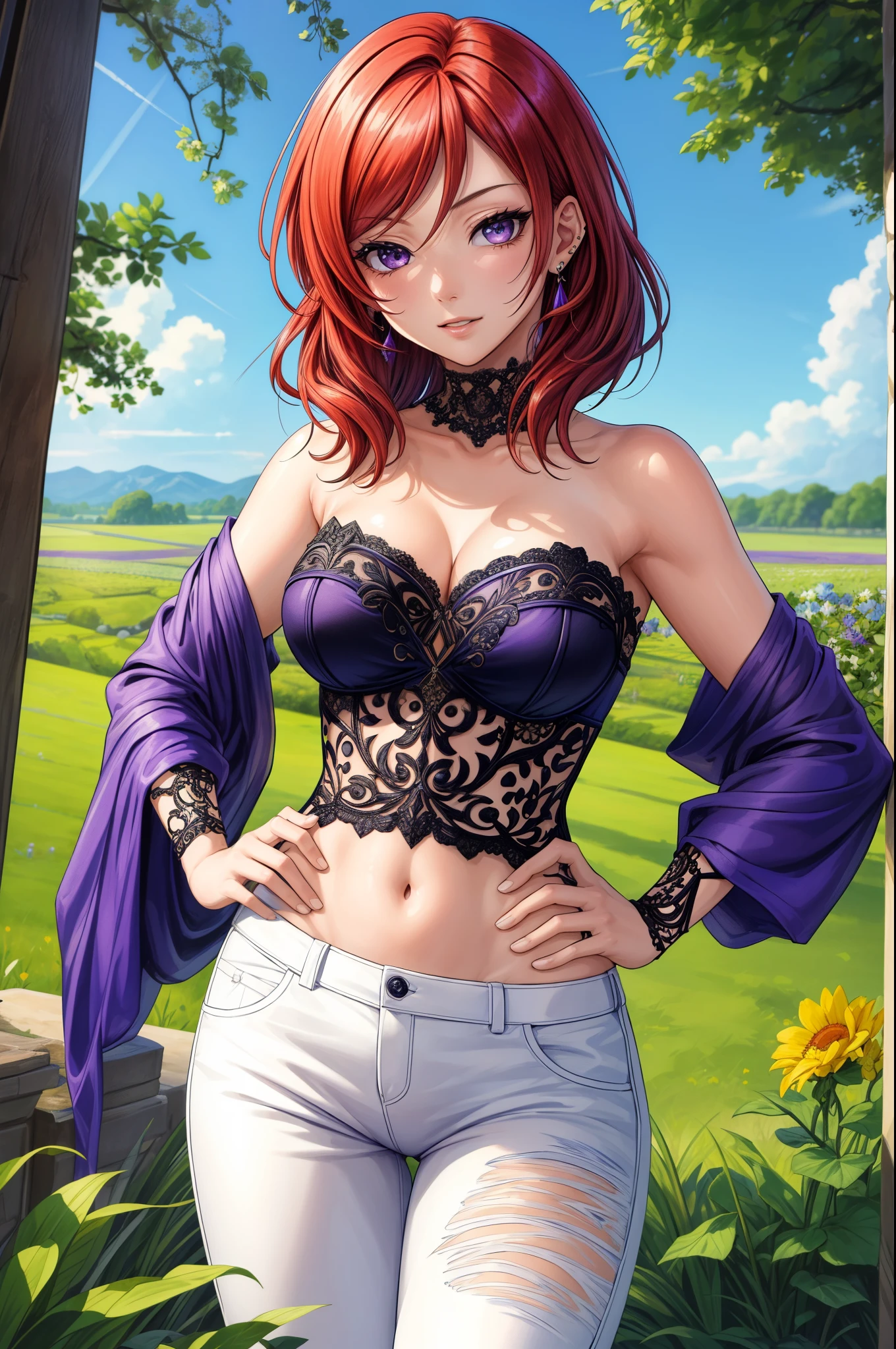 (Masterpiece, Best Quality, High Quality), professional artwork, well drawn, Intricate Details, field of view,
Nishikino maki, afternoon, 
Red hair, ultra detail hair, ultra detail face, perfect eyes, perfect face, earring, purple eyes, Looking at Viewer, flirting, one hand on hip,
Black tube top, strapless, white oversize stylish pants  