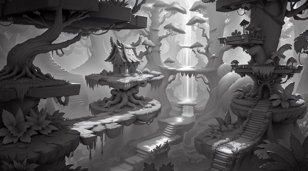 WhiteboxStyle forest Temple: platforms, elven architecture, treehouse platforms, tribal rituals, waterfall dives. monochrome