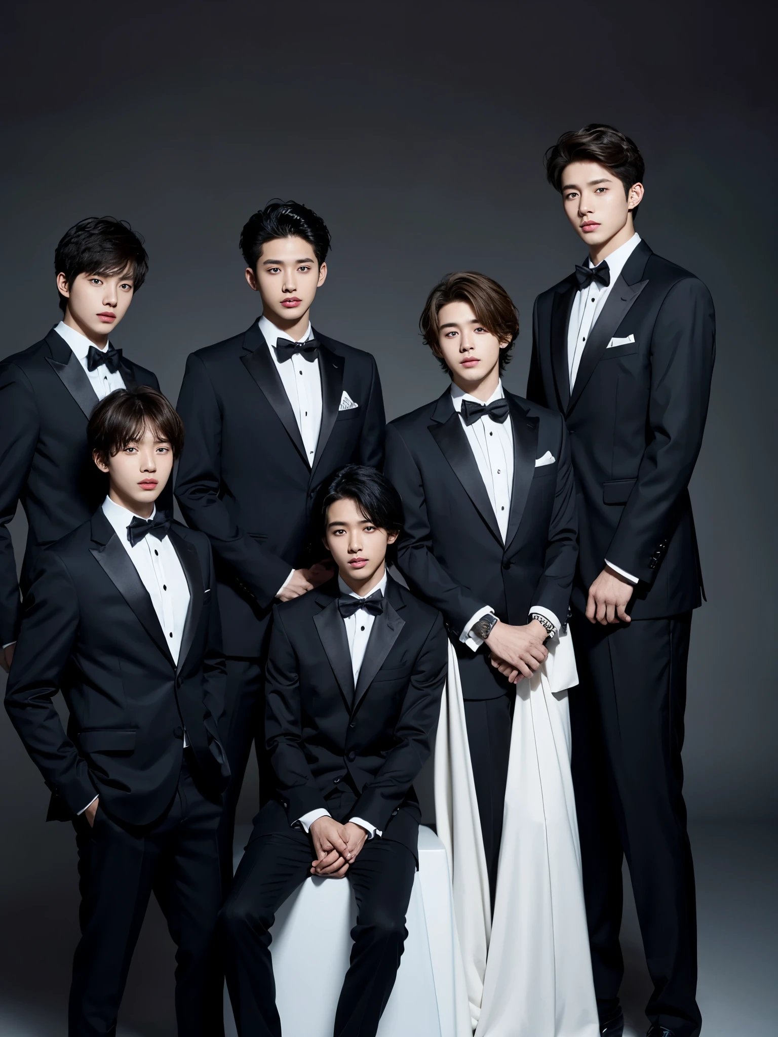 four boys in the photo,  y.o, Korean face, comma hair, suit, simpel background, photo shoot