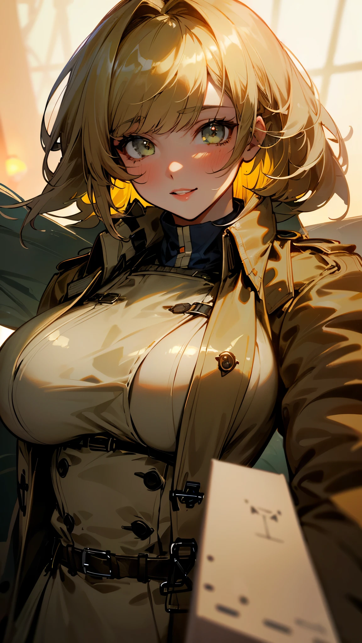 (UHD, retina, masterpiece, accurate, anatomically_correct, textured_skin, super_detail, high_details, high_quality, best_quality, high_res, 1080P, HD, 4K, 8k, 16k), (beautiful_detailed_eyes, beautiful_detailed_lips, extremely_detailed_eyes_and_face), soft_lighting, physically-based_rendering, vivid_colors, (large_breasts:1.5), (shiny_hair, shiny_skin, tanned_skin, blush), (bangs:1.5), eye_reflection, (bokeh), smile_and_laugh, (khaki_trench_coat:1.5),