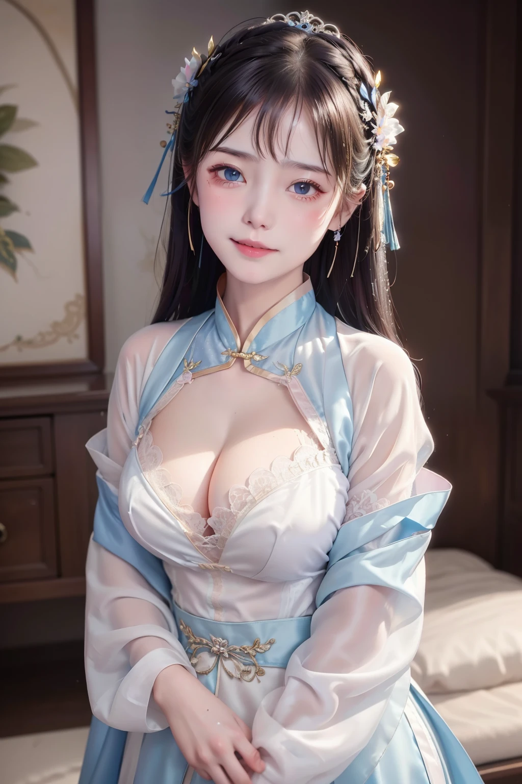 small ,,princess 10 yeald old cute, Master picture quality, Highest quality, Best picture quality, Exaggerated details, The expression is shy,a close up of a , Super beautiful,Long hair, Very exaggerated and compact, Round breasts , Pose in front of the camera, ,, Wet-breasted Hanfu open V-chested clothes pink, All pictures, Wet body of thin silk fabric, Thin silk lace petticoat, (huge ,cleavage), petticoat, white pink, blue, high slim waist, details , smile