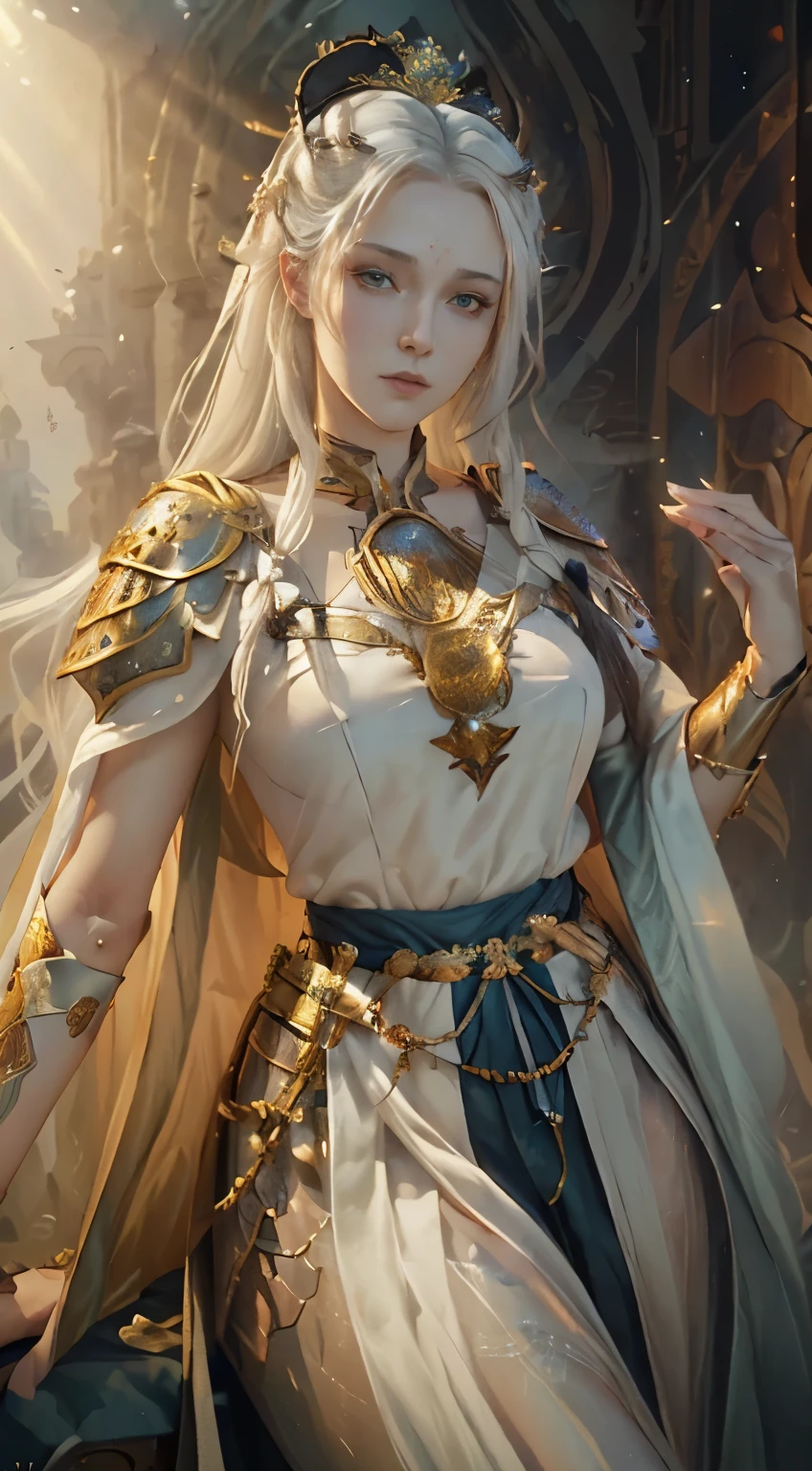 (illustration highres:1.1), (medieval RPG, majestic imperial looking Female (portrait pose:1.1), Character portrait, realistic detailed water eyes, symmetrical face detail:1.2), (ambient light, beautiful majestic open fields detailed at dawn:1.1), (white hair:1.3), (young skin:1.2), (human:1.1), (solo,1girl:1.2), (detailed war armor:1.1), (intricate warrior ornate robe, white cape, holding a sword :1.1), (knight's robes:1.1), (very chaotic:1.2), unit asset store, (fantasy portraits, rpg portraits), (professional majestic oil painting by Anna Pavleeva, by Valeriy Vegera, volumetric lighting:1.3), Intricate, High Detail, pantyhose, dramatic, roses, ((sense of scale)),