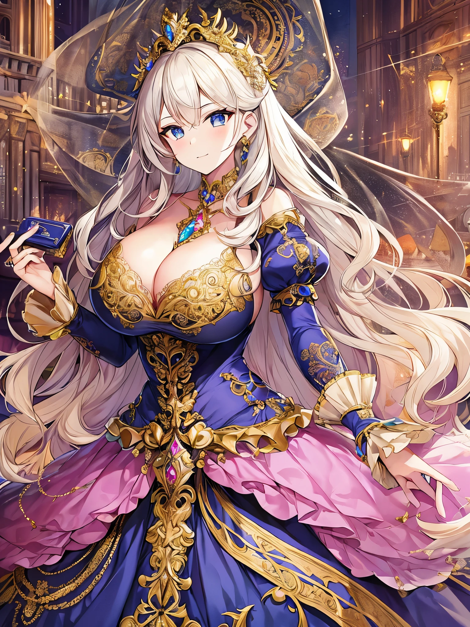 (anime artstyle),Masterpiece,Best Quality,Super Detail,Very Delicate and Beautiful,(((Solo))),((full body)),(((one princess in beautiful embroidery and jeweled gorgeous rococo ball gown with voluminous hoop skirt))),((crinoline)),Long train,(((breasts bigger than head,very gigantic tits,cleavage,Skindentation))),((gorgeous rococo ballgown with beautiful embroidery and bling-bling jeweled)),beautiful embroidery and jeweled gorgeous rococo ballgown with many ruffles,beautiful embroidery and jeweled gorgeous rococo ballgown,gorgeous rococo ballgown with voluminous hoop skirt,((gorgeousfull embroidery and lace)),detailed face and eyes,jewel-like eyes,((extremely voluminous straight Hair,Very Long Straight Hair)),gorgeousfull big hair ornament,((bling-bling gorgeousfull jeweled big tiara)),bling-bling jewels,Gorgeous Gemstone Jewelry,Looking at viewer,((gorgeous princess rococo ball gown with voluminous hoop skirt)),(full body)