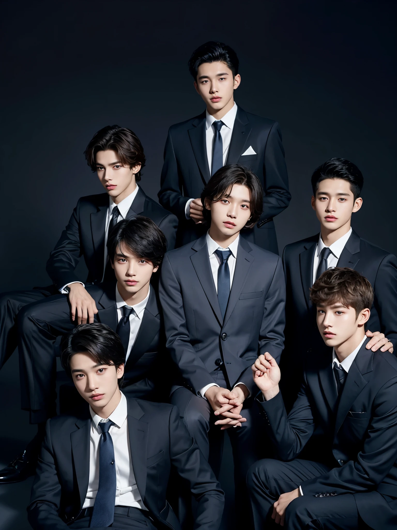 four boys in the photo, 17 y.o, Korean face, comma hair, suit, simpel background, photo shoot