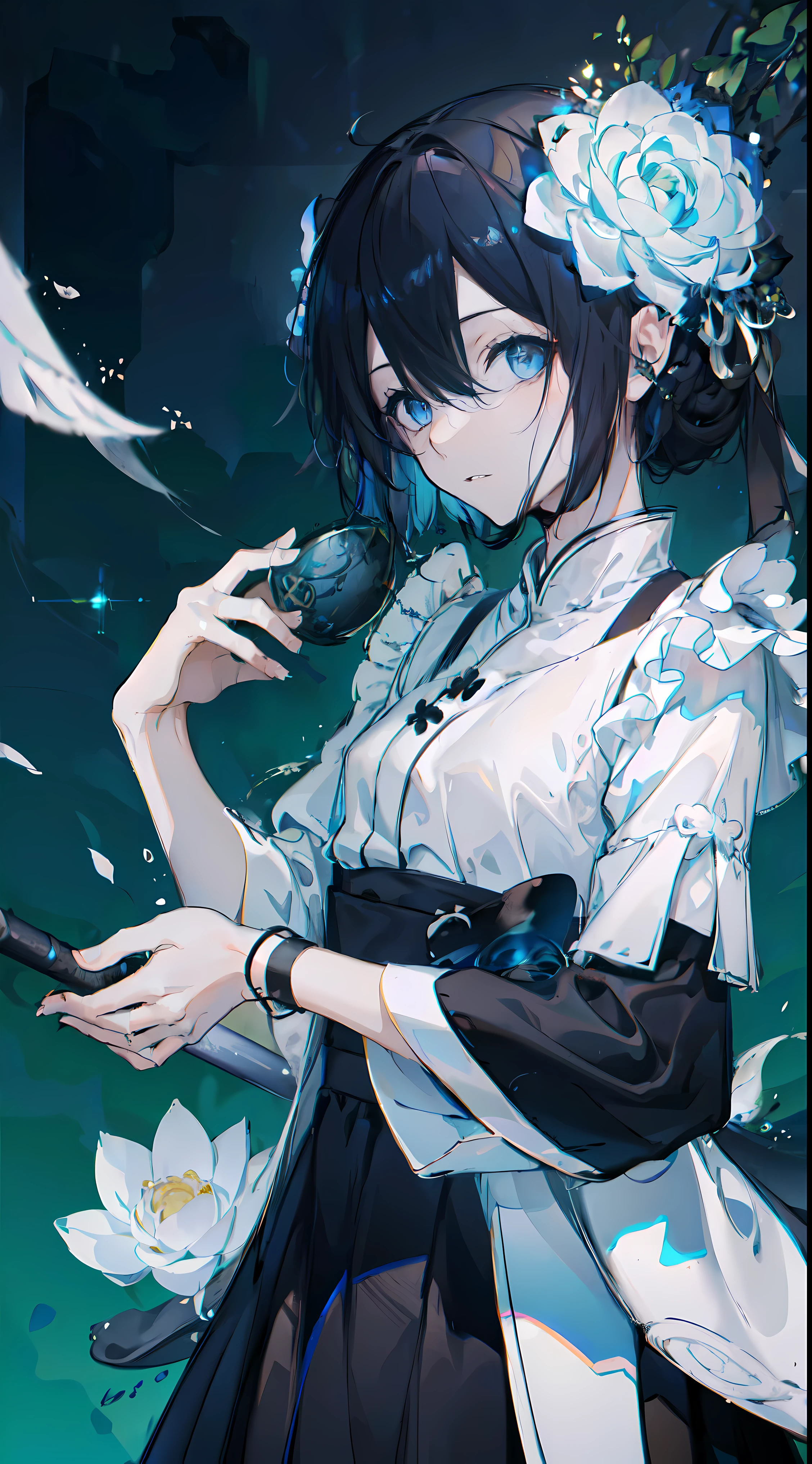 detailed eyes, detailed eye, detailed face, ultra high definition, retina, precise, anatomically correct, textured skin, Super details, Award-winning, high resolution, Best-aesthetic, 超high resolution, Clearly, ultra detailed, best quality, high quality, Super quality, 16k, high detail, high resolution, detailed, masterpiece, beautiful, detailed skin, Yao Zhui, （whole body）, （1）, white hair, Loose side hair on the right side, curls, Right braid, wavy black hair with side tail, blue eyes, sleepy eyes, double eyelids, White lotus, White lotus kimono, White lotus hair ornaments, （beautiful cuntboy with Right braid, wavy black hair with side tail holding a White lotus flower）