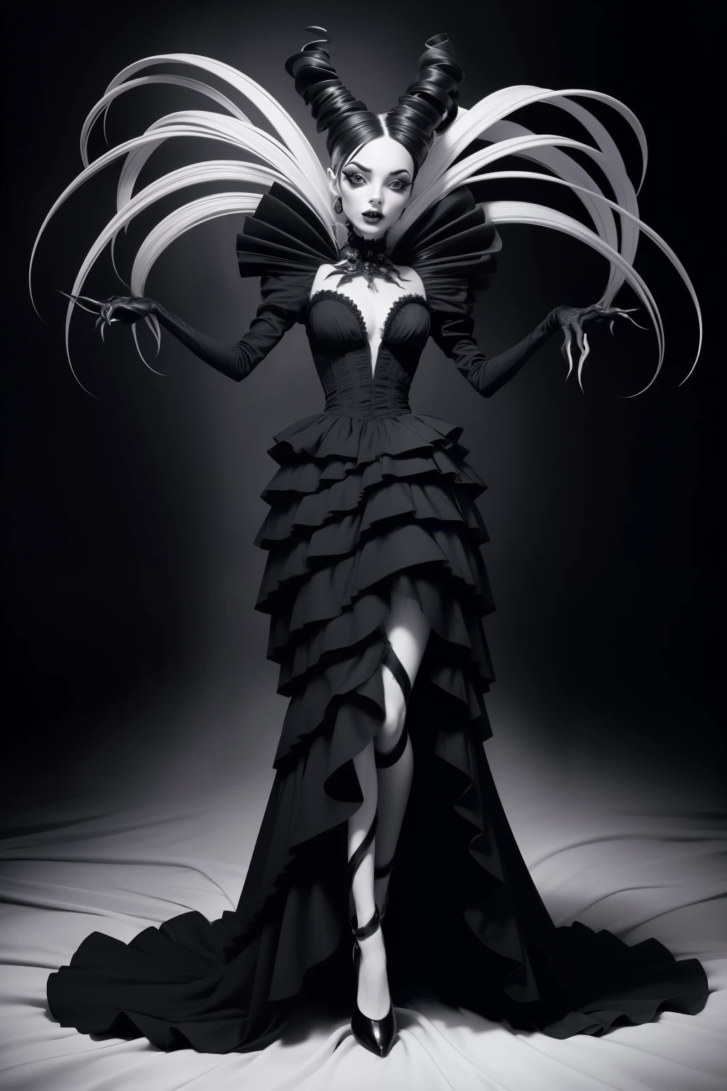 monochrome photography portrait hot sexy bodies, twisted fashion, nightmare-inspired makeup, unsettling haute couture, fashion straight from the darkest dreams, Creepy Chic Magazine, surreal nightmare landscape.,detailed, (black and white:1.15),in (halsman:1.05) style, full body pose, from below, lustful look
