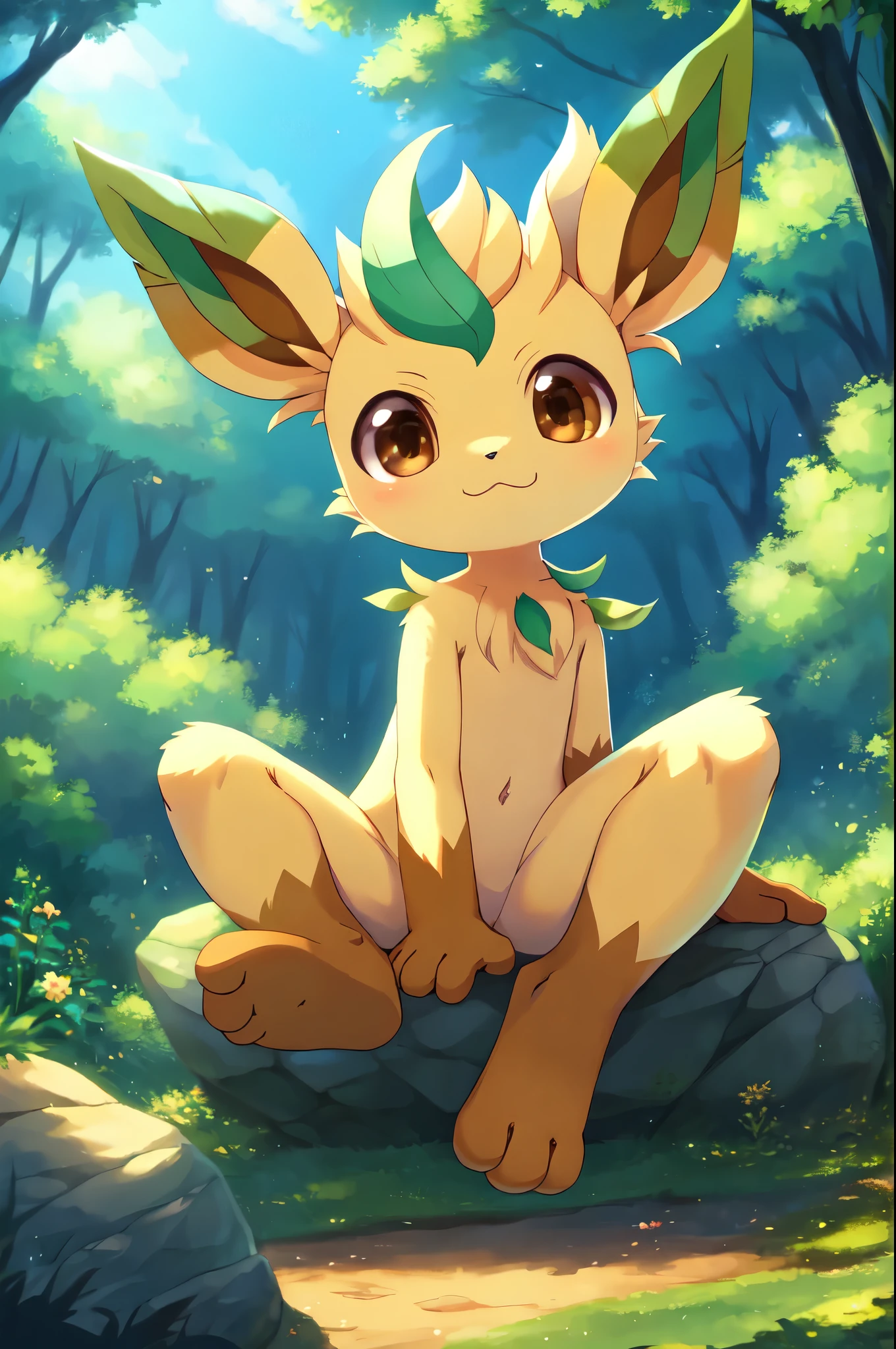 Leafeon, anthro, young, brown eyes, two tone body fur, clear yellow body fur, clear green body fur, brown hands, brown feets, feets whit three toes, detailed body fur, detailed face, detailed eyes, glistering body, shiny body, gorgeous body, masterpiece, high quality, anime style, full body, :3, forest, clear sky, sitting on rock 