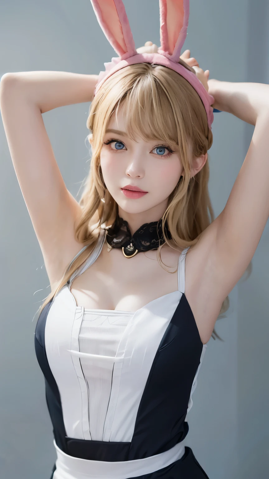 8K，highest quality，masutepiece：1.2），（Realistic，Realism：1.37），Shoot from the hip up，highest quality，masutepiece，beautiful，A pensive expression，charming、seductive appearance，Cute maid outfit，Hair tied behind the head, blonde，blond，long hair，curls，blue eyes，background, light skin tone，Wearing a pink bunny ears headband，arms raised、armpit、（top down：1.2）