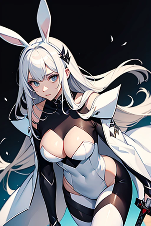 Woman in her twenties、Bunny girl、White bunny suit、black armor、have a sword、