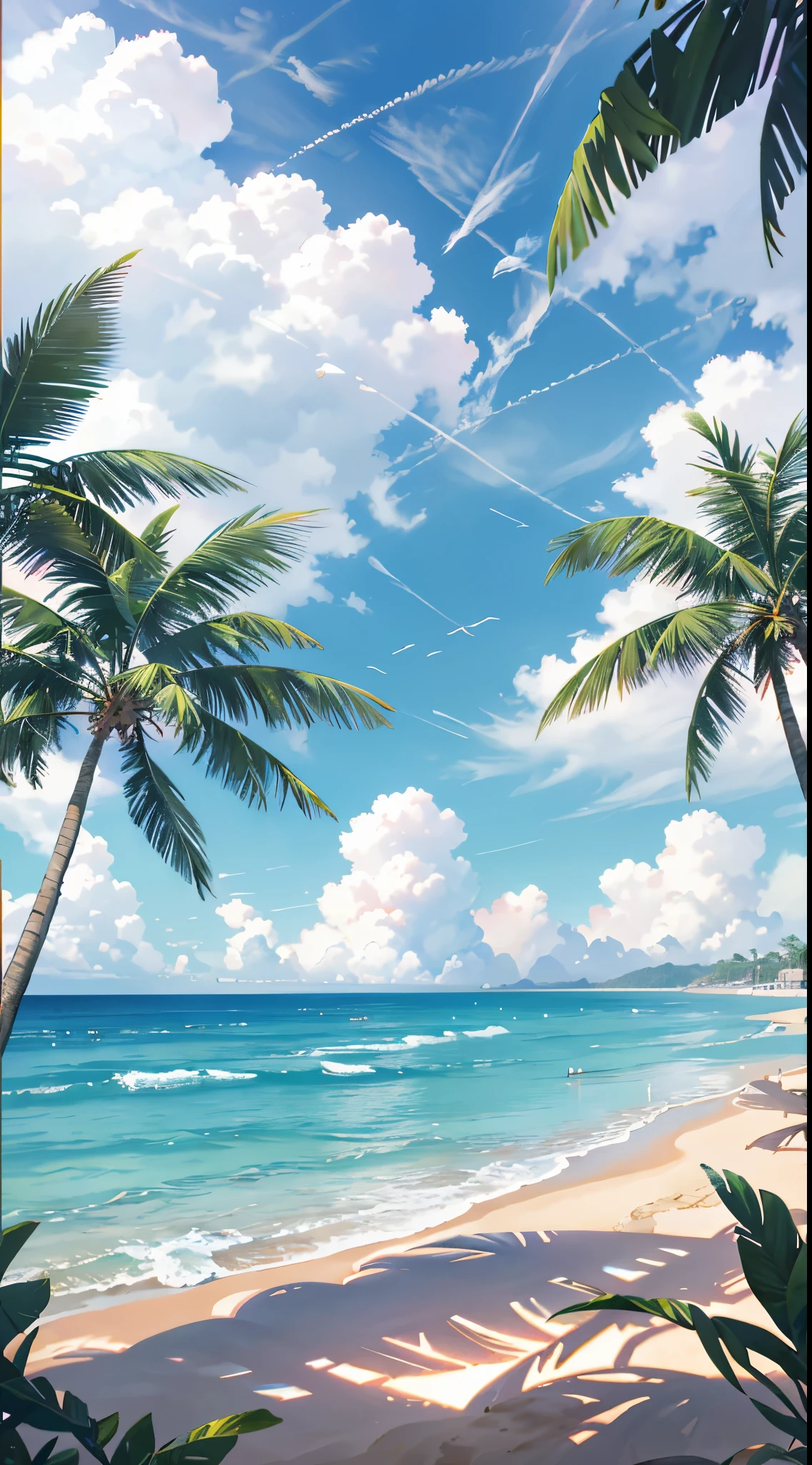 Wallpaper, Sea, Breaking Waves, Pink Sky, Beach, palm tree, sand, hills, shores, sand on the right, sea on the left, shaping straight line from top to bottom, beach shores, more sand, tree trunk on the sand, no city, no resort,  HD Detail, Ultra Detail, Film, Hyper Realism, Soft Light, Deep Field Focus Bokeh, Ray Tracing, Diffuse (extra fine glass reflections). --v6