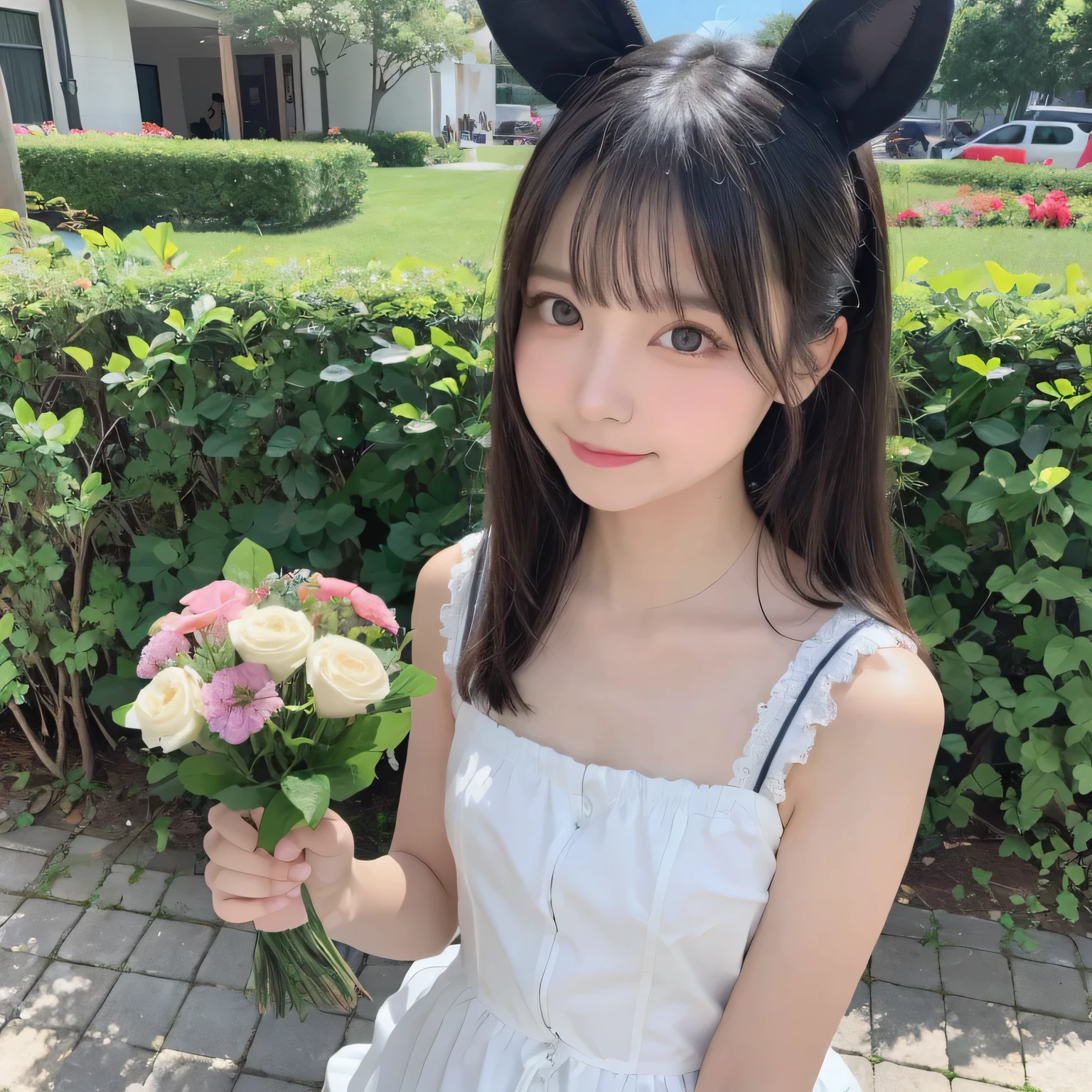 on the table, best quality, illustration, Super detailed, fine details, high resolution, 8k wallpaper, Perfect dynamic composition, Beautiful and delicate eyes,whole body摄影,show your whole body、long gray hair, Bold sexy pose,Smile,Harajuku、20 year old girl、Eyeliner、beautiful bangs、hair between eyes、((masterpiece、top quality、Super detailed、movie light、intricate details、high resolution、Very detailed))、background for this、8 kood、digital SLR、soft light、high quality、film grain、富士XT3 、shallow view deep、natural soft light、Kamimei、See the knees, Look at the sexy shots of the lens、Above the legs、whole body、Holding a bouquet of flowers、side view,Bunny Costume ,Bunny Costume,Bunny Costume,