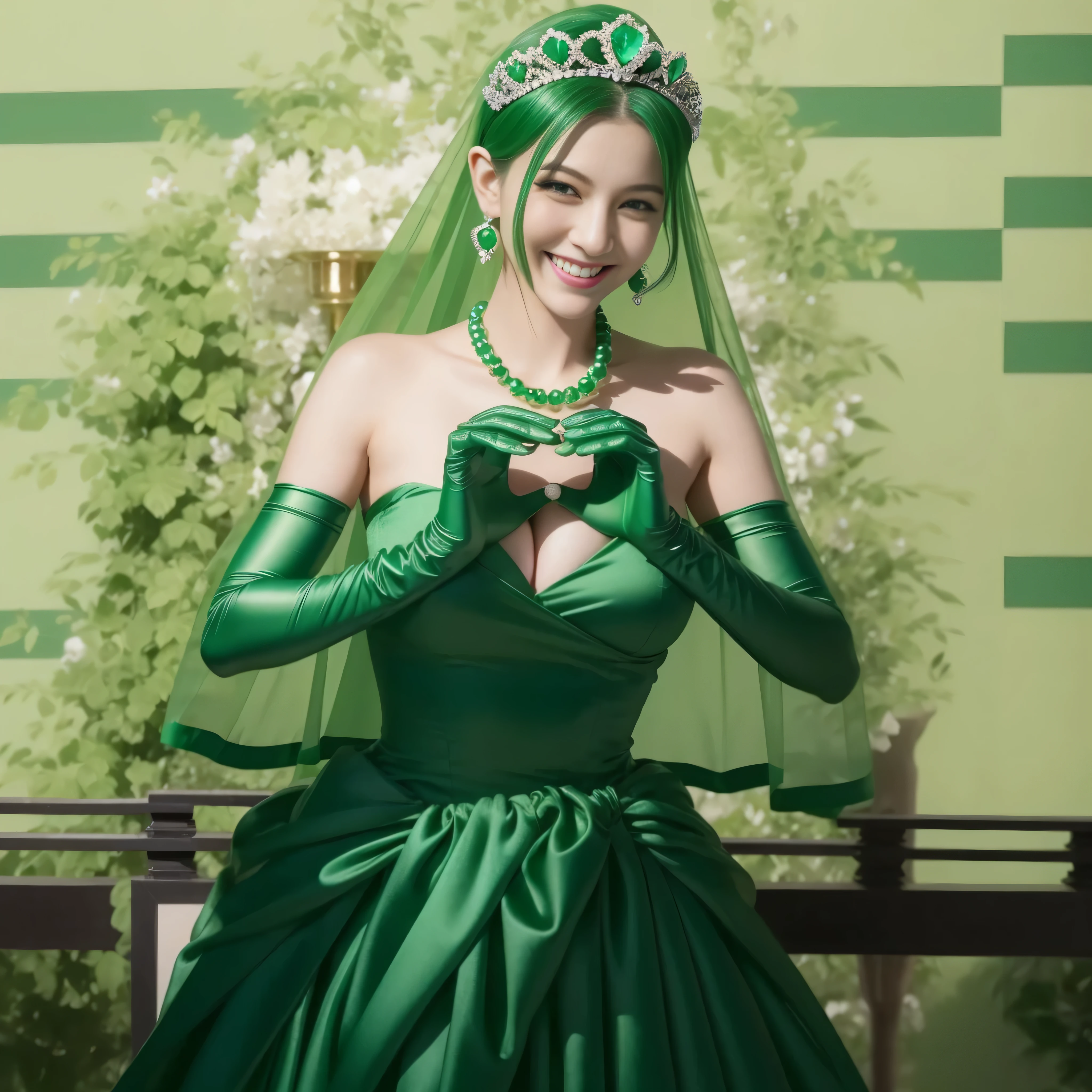 emerald tiara, green pearl necklace, ボーイッシュな非常に短いgreen hair, lipstick, smiling Japanese woman, very short hair,  Beauty with large breasts, green eyes, Long Green Satin Gloves, green eyes, emerald earrings, green veil,heart hand, green hair