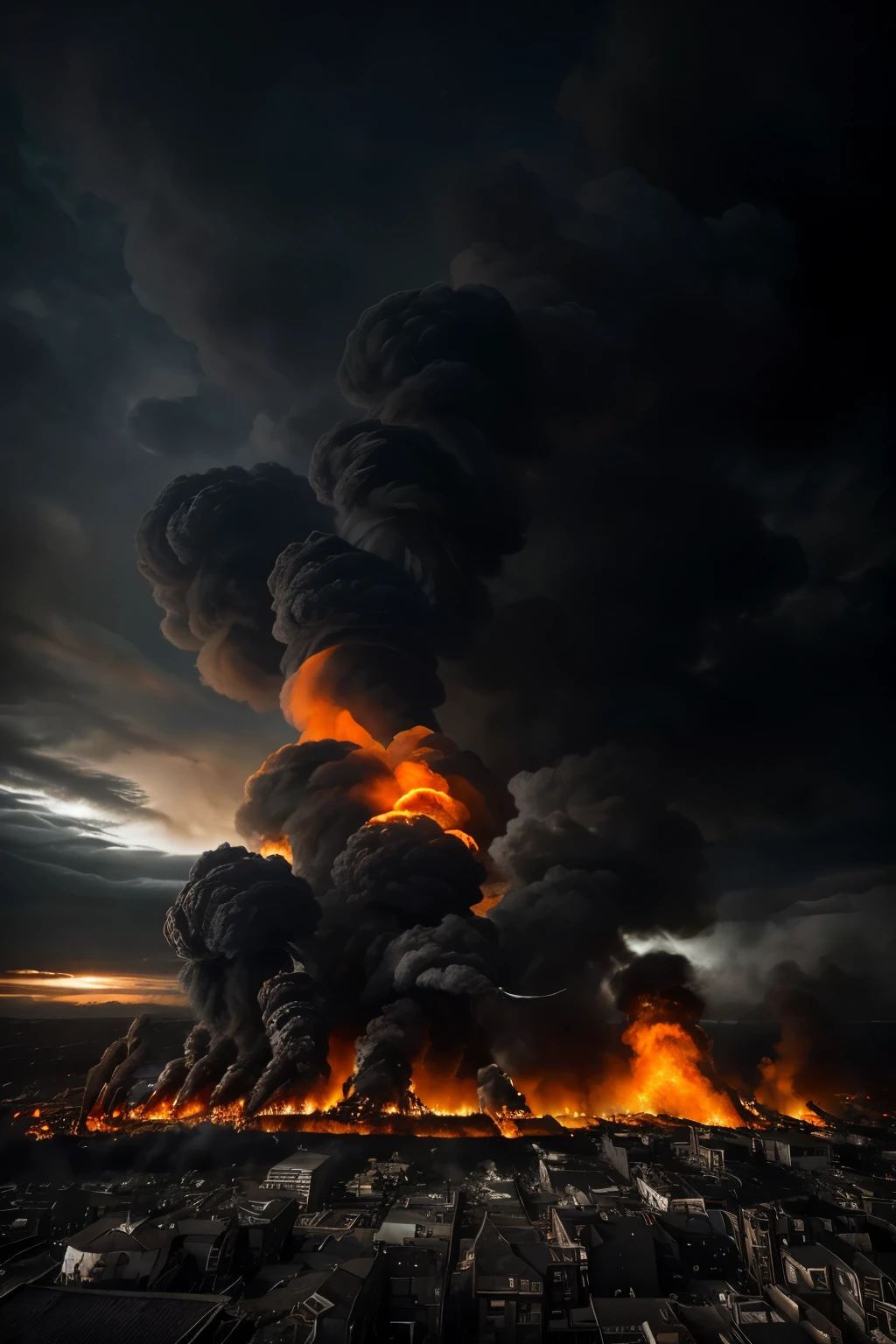Intricately detailed, high contrast image of a menacing fire engulfing the world, infernal flames consuming all in sight, ominous black smokestacks pluming the sky, the world shrouded in a dark, apocalyptic hue, ashes and embers drifting through the air, a sense of impending doom and destruction, fiery oranges and reds clashing against the inky blackness, an intricate texture of smoke and ash covering every surface, a stark, haunting beauty in the chaos, captured with meticulous precision, photorealistic rendering, post-processing to enhance the dark tones, maximum detail, ultra high definition, cinematic