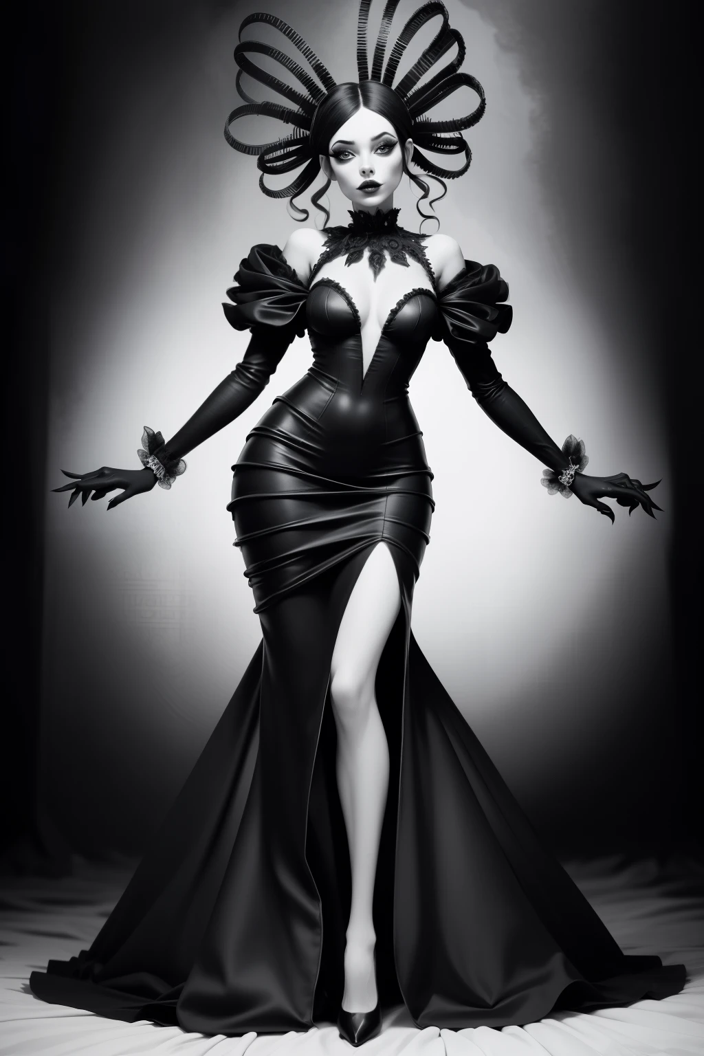 monochrome photography portrait hot sexy bodies, twisted fashion, nightmare-inspired makeup, unsettling haute couture, fashion straight from the darkest dreams, Creepy Chic Magazine, surreal nightmare landscape.,detailed, (black and white:1.15),in (halsman:1.05) style, full body pose, from below, lustful look
