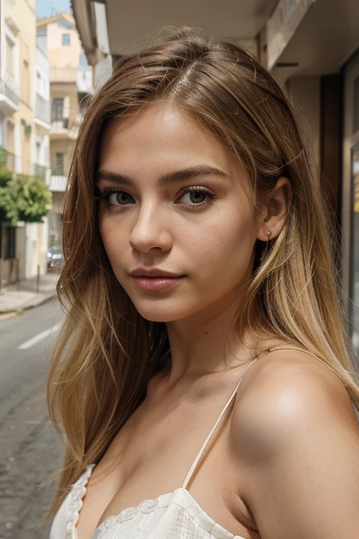 A 23-year-old blonde woman, ((pechos grandes)), ((hiperrealismo)) ,. blonde hair with light brown roots. cabello rubio, Hair with brown roots, cabello extra largo, cabello muy largo, Cabello muy largo, hermoso, vista frontal, autofoto, Foto tomada con iPhone, escotada, autofoto, alta calidad, autofoto iPhone, escote, ojos verdes, labios carnosos, caminando por la calle