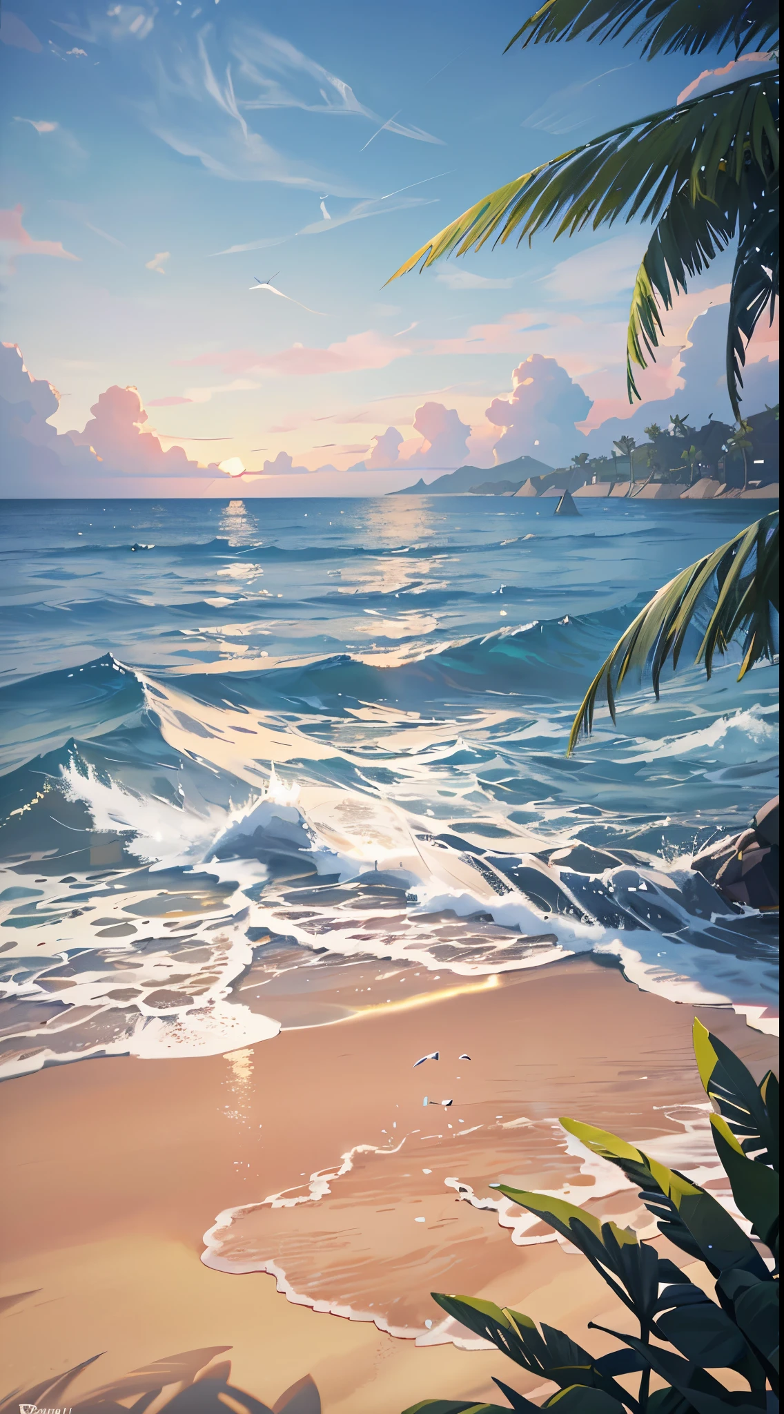 Wallpaper, Sea, Breaking Waves, Pink Sky, Beach, palm tree, sand, hills, shores, sand on the right, sea on the left, shaping straight line from top to bottom, beach shores, more sand, tree trunk on the sand, no city, no resort, HD Detail, Ultra Detail, Film, Hyper Realism, Soft Light, Deep Field Focus Bokeh, Ray Tracing, Diffuse (extra fine glass reflections). --v6