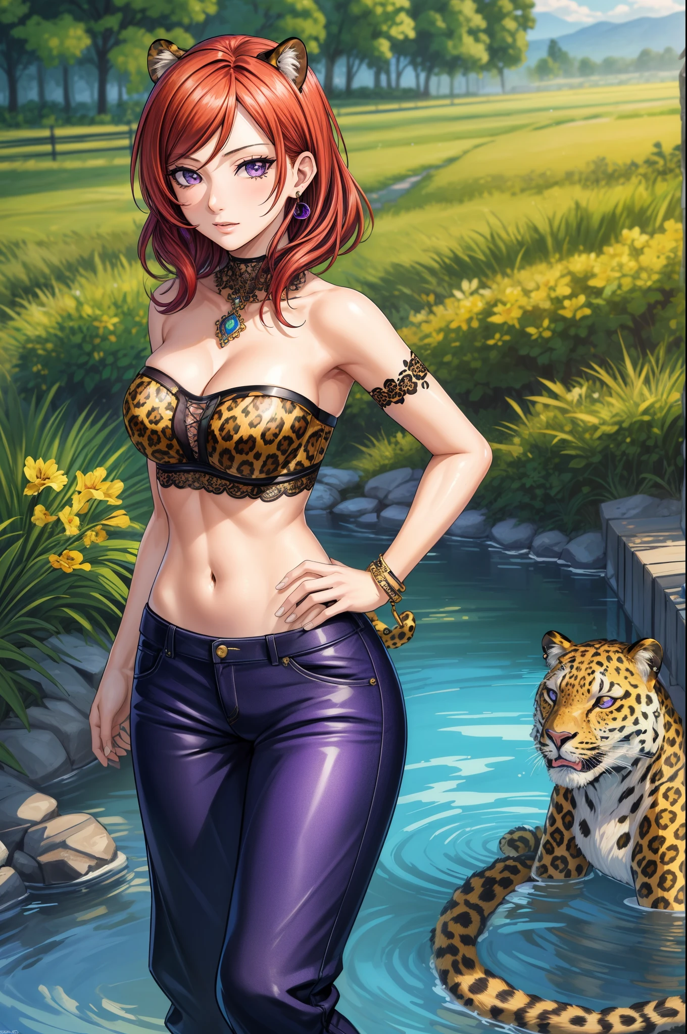 (Masterpiece, Best Quality, High Quality), professional artwork, well drawn, Intricate Details, field of view,
Nishikino maki, afternoon, 
Red hair, ultra detail hair, ultra detail face, perfect eyes, perfect face, earring, purple eyes, Looking at Viewer, flirting, one hand on hip,
Black tube top, strapless, leopard print slim fit pants 