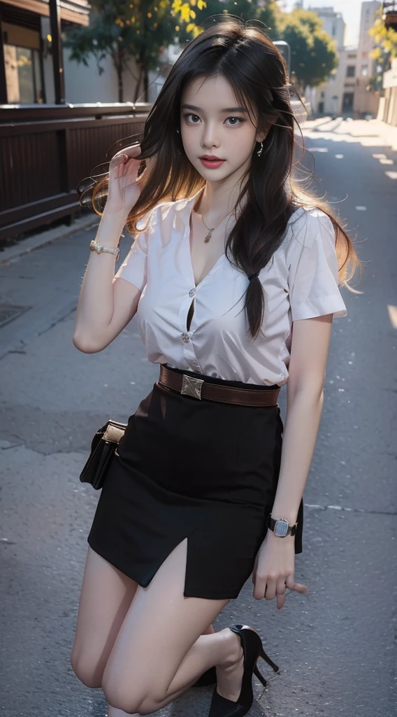 ผู้หญิงญี่ปุ่นที่charming, charming, charmingน่าหลงใหล, black hair, standing in the middle, (long hair long hairมาก, long hairตรง, long hair, The wind is blowing), Bird's eye view of a beautiful woman, The texture is realistic., dynamic gesture, (White short-sleeved shirt The shirt is thin and the skin is visible.), (elegant, big breasts, The chest is clearly visible., Seeing the chest mound., I saw a pile of milk.), (Short black pencil skirt, Very short, Women's skirt with belt), (Symmetrical shape, sexy figure, small waist, Long legs), (Pitch black high heels, earring, Put on a watch, student brooch), (full body photo, Look at every part of the body.), university backdrop