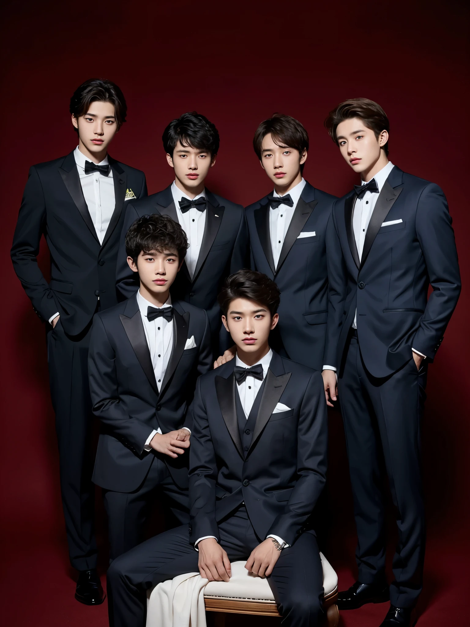 four boys in the photo,  y.o, Korean face, comma hair, suit, simpel background, photo shoot