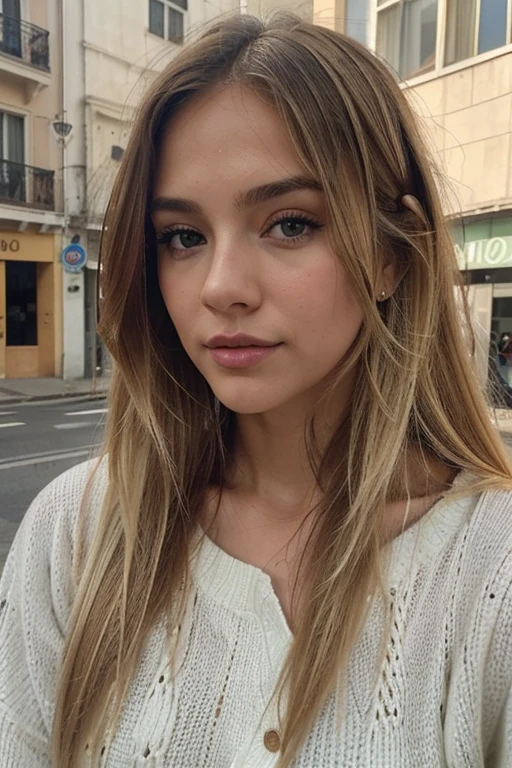 A 23-year-old blonde woman, ((pechos grandes)), ((hiperrealismo)) ,. blonde hair with light brown roots. cabello rubio, Hair with brown roots, cabello extra largo, cabello muy largo, Cabello muy largo, hermoso, vista frontal, autofoto, Foto tomada con iPhone, autofoto, alta calidad, autofoto iPhone, ojos verdes, labios carnosos, caminando por la calle, invierno, cold