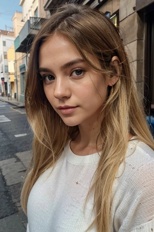 A 23-year-old blonde woman, ((pechos grandes)), ((hiperrealismo)) ,. blonde hair with light brown roots. cabello rubio, Hair with brown roots, cabello extra largo, cabello muy largo, Cabello muy largo, hermoso, vista frontal, autofoto, Foto tomada con iPhone, elegante, autofoto, alta calidad, autofoto iPhone, ojos verdes, labios carnosos, black pullover, lluvia, frio, Rainy day, white down coat, , wet hair