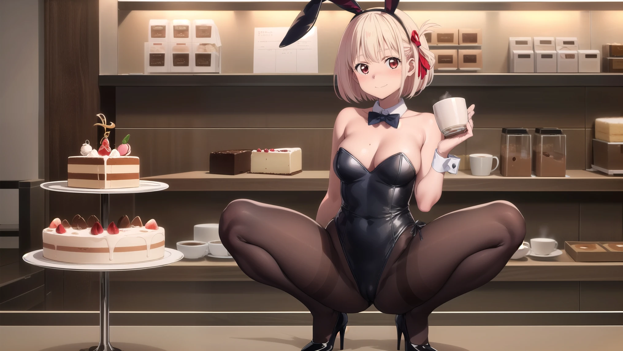 masterpiece, best quality, solo, 1girl, chisato nishikigi, looking at viewer, light smile, closed mouth, blush, embarrassed, medium breasts, playboy bunny, rabbit ears, black pantyhose, red bowtie, wrist cuffs, black leotard, holding tray, cake, cafe, coffee, squatting, spread legs, cafe shop, full body