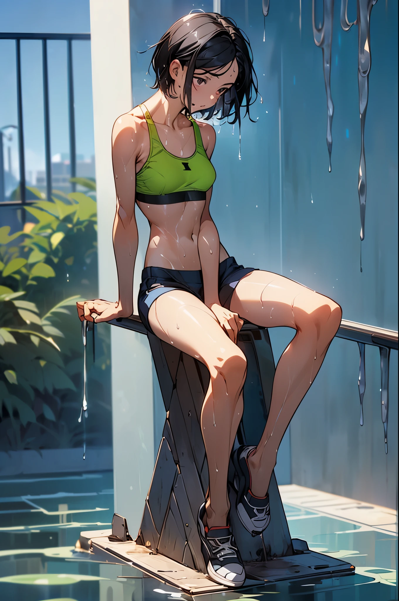 masterpiece,(Perfect Anatomy:1.5),from front,(1woman,solo),cowboy shot,20 year old beauty,((Full body soaked:1.5,sweat:1.5)),((Wearing sports shorts:1.5、bare legs)),((sports bra))、black hair,short bob hair,A painful look、steam,(smaller head:1.2,skinny:1.4,slender body,medium breasts),((gleaming skin,oily skin,shiny skin)),((sitting:1.5,spread legs:1.3、hands behind back)),sneaker shoes、training、playground、outdoor,army base,