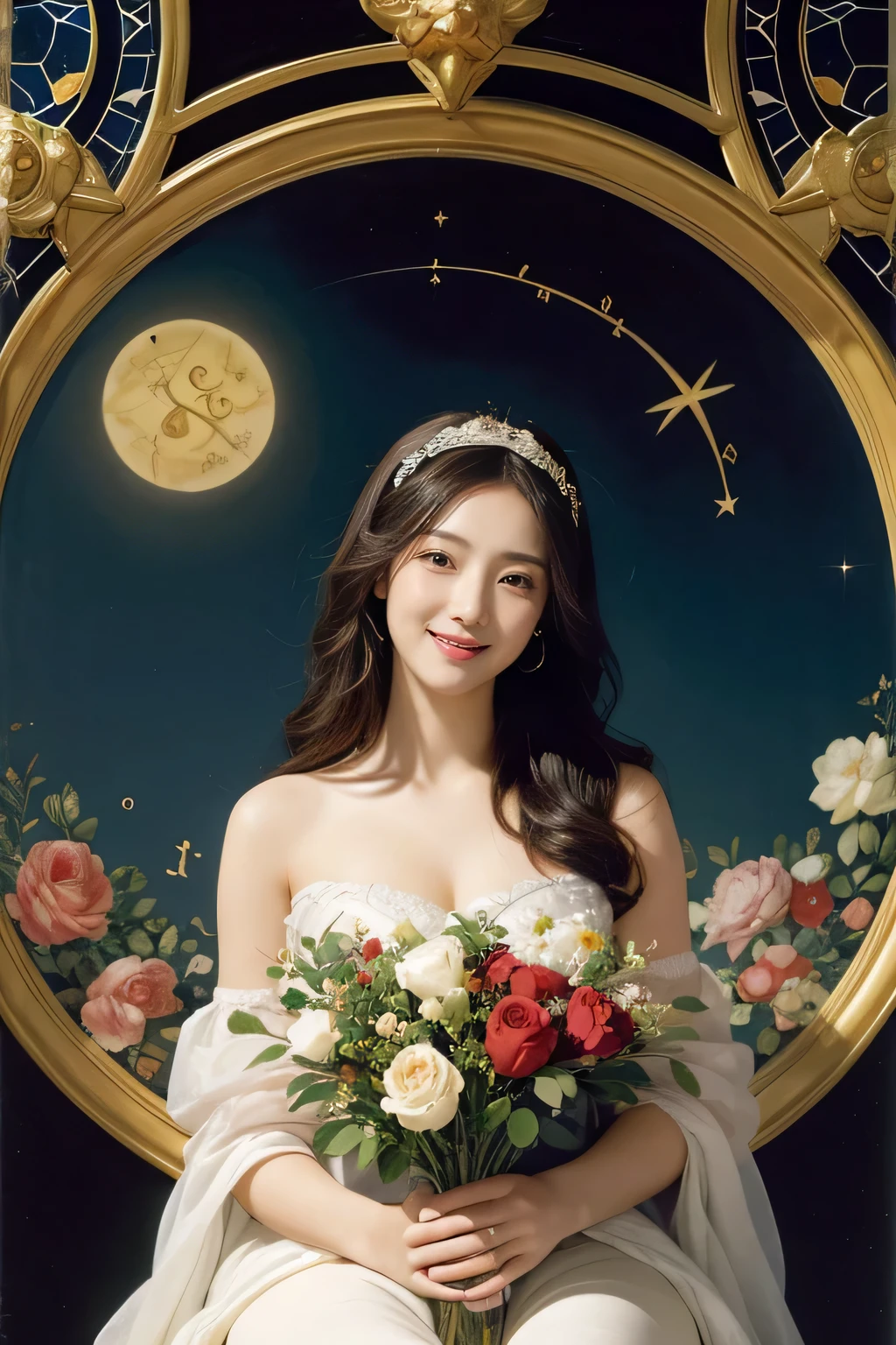 geometry、Stained glass、12 constellations、Vigée Leblanc style、math、Astronomical equipment、astronaut、roses in vase、fruit、cute 、smile、ancient greek costume、Sandro Botticelli paintings、costume with extended shoulders、A big smile、big and full breasts、expression of ecstasy、sexy、beautiful bare skin、キュートなsmile