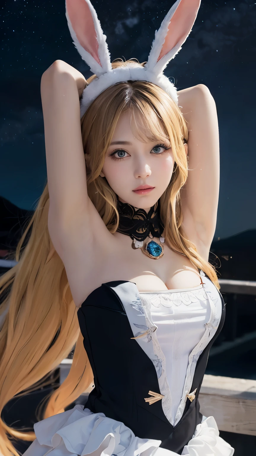 8K，highest quality，大满月background的夜晚，Beautiful and detailed night sky floating，masutepiece：1.2），（Realistic，Realism：1.37），highest quality，masutepiece，beautiful，A pensive expression，charming、seductive appearance，Cute maid outfit，Hair tied behind the head, blonde，blond，long hair，curls，blue eyes，background, light skin tone，Wearing a pink bunny ears headband，arms raised、armpit、（top down：1.2）