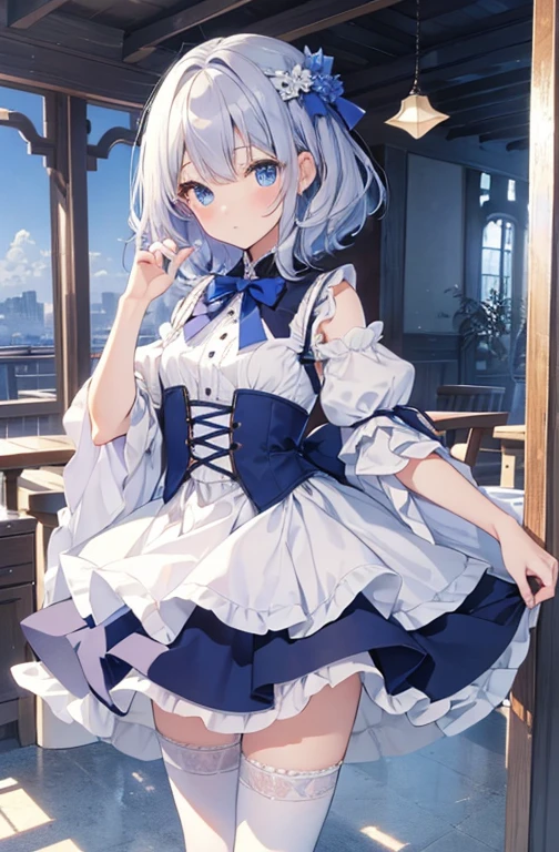 ((highest quality))、((8K))、((High resolution))、((masterpiece、Super detailed))、一人、(height 140cmlittle girl)、((Looking at the camera from the front))、((photo from the knees up))、((standing))、beautiful and delicate blue eyes、beautiful smooth silver hair、Fluffy short hair、gentle and adorable big eyes、soft smile、Magical girl wearing a silver costume、flat chest、(white stockings)