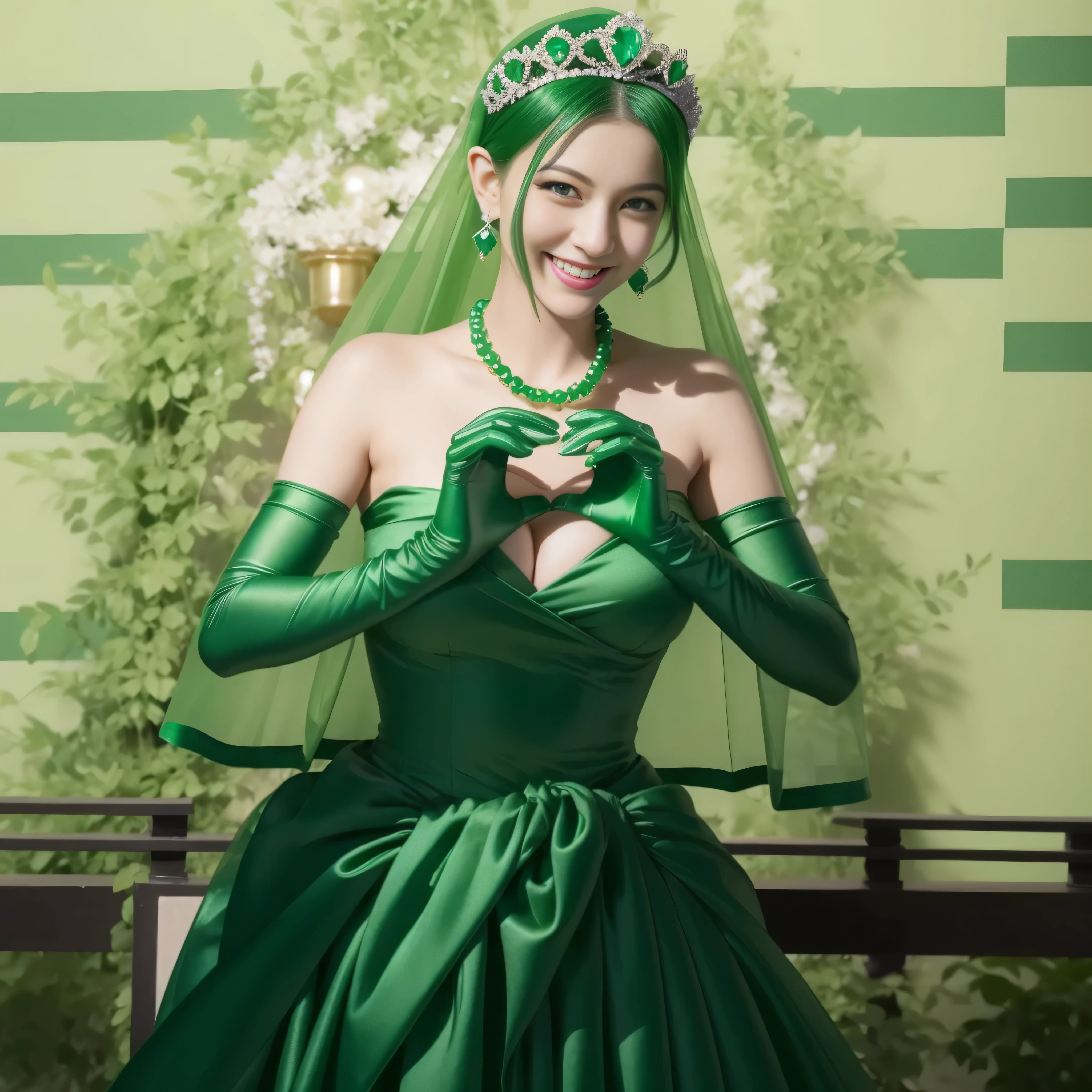 emerald tiara, green pearl necklace, ボーイッシュな非常に短いgreen hair, lipstick, smiling Japanese woman, very short hair,  Beauty with large breasts, green eyes, Long Green Satin Gloves, green eyes, emerald earrings, green veil,heart hand, green hair