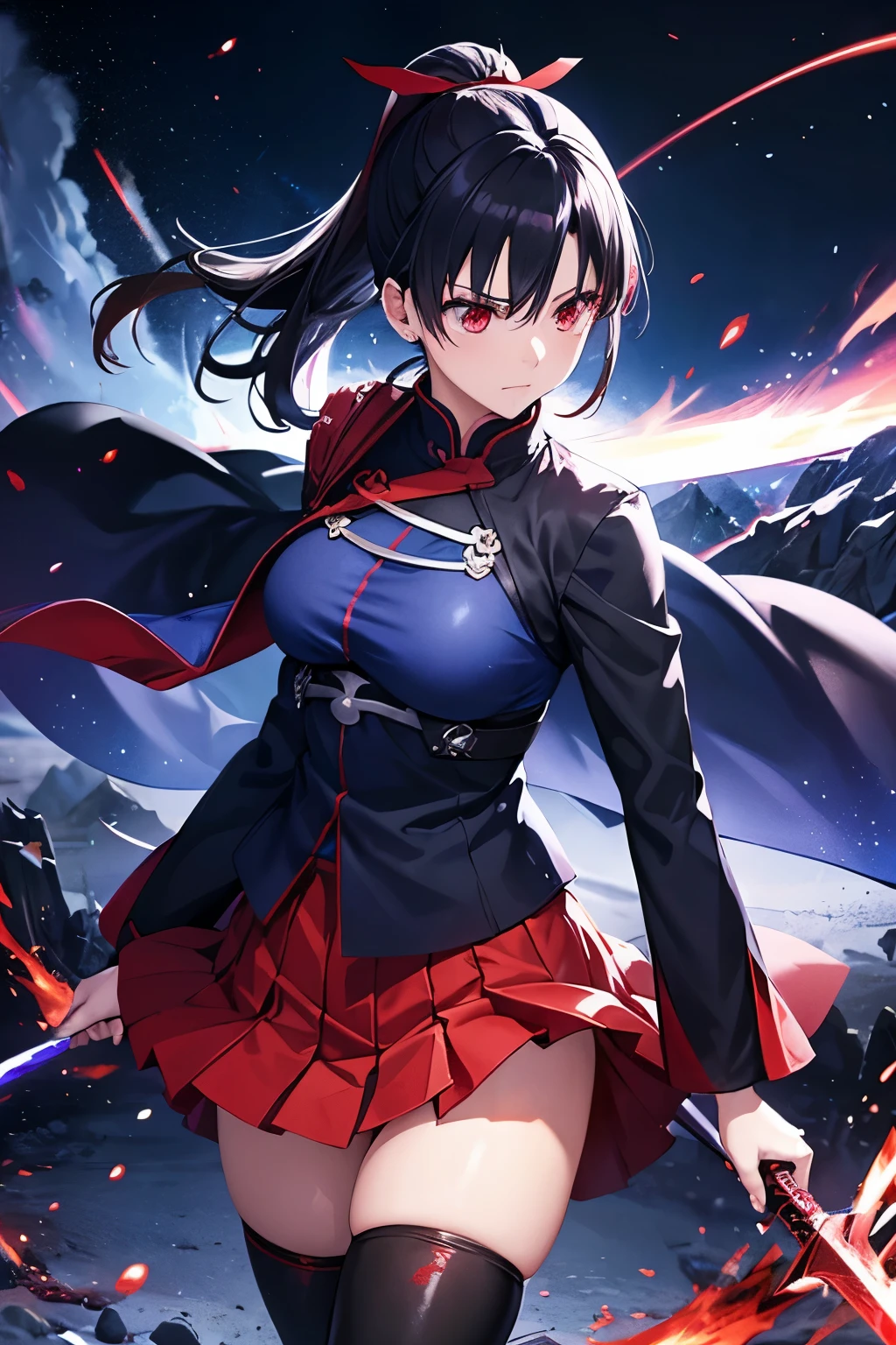 1girl, Japanese clothes, ponytail, black hair, red eyes, magic circle, blue fire, blue flames, wallpaper, landscape, blood, blood splatter, depth of field, night, light particles, light rays, best lighting, thighs, fate \(series\), fate stay night, open jacket, skirt, thigh highs, cloud.