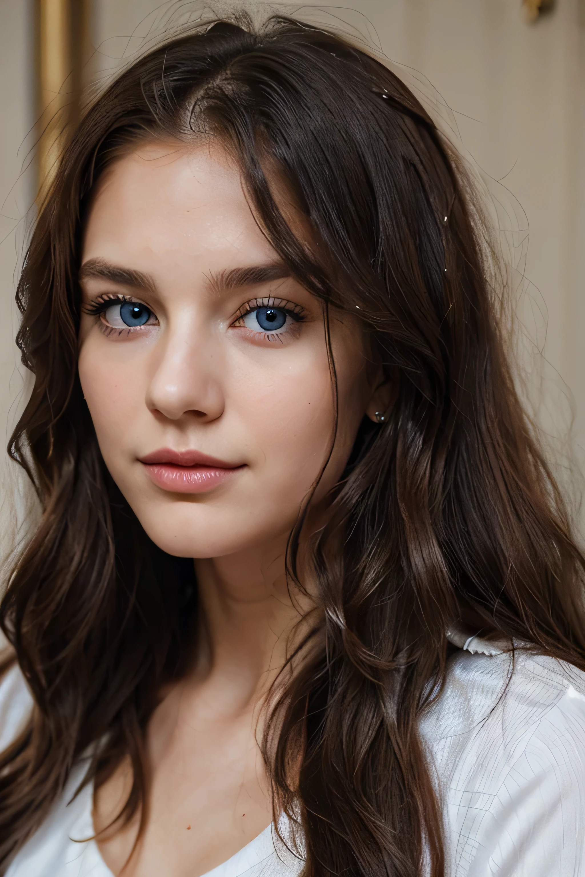 25 year old girl with a face with gentle features, blue eyes, medium full lips, long wavy hair