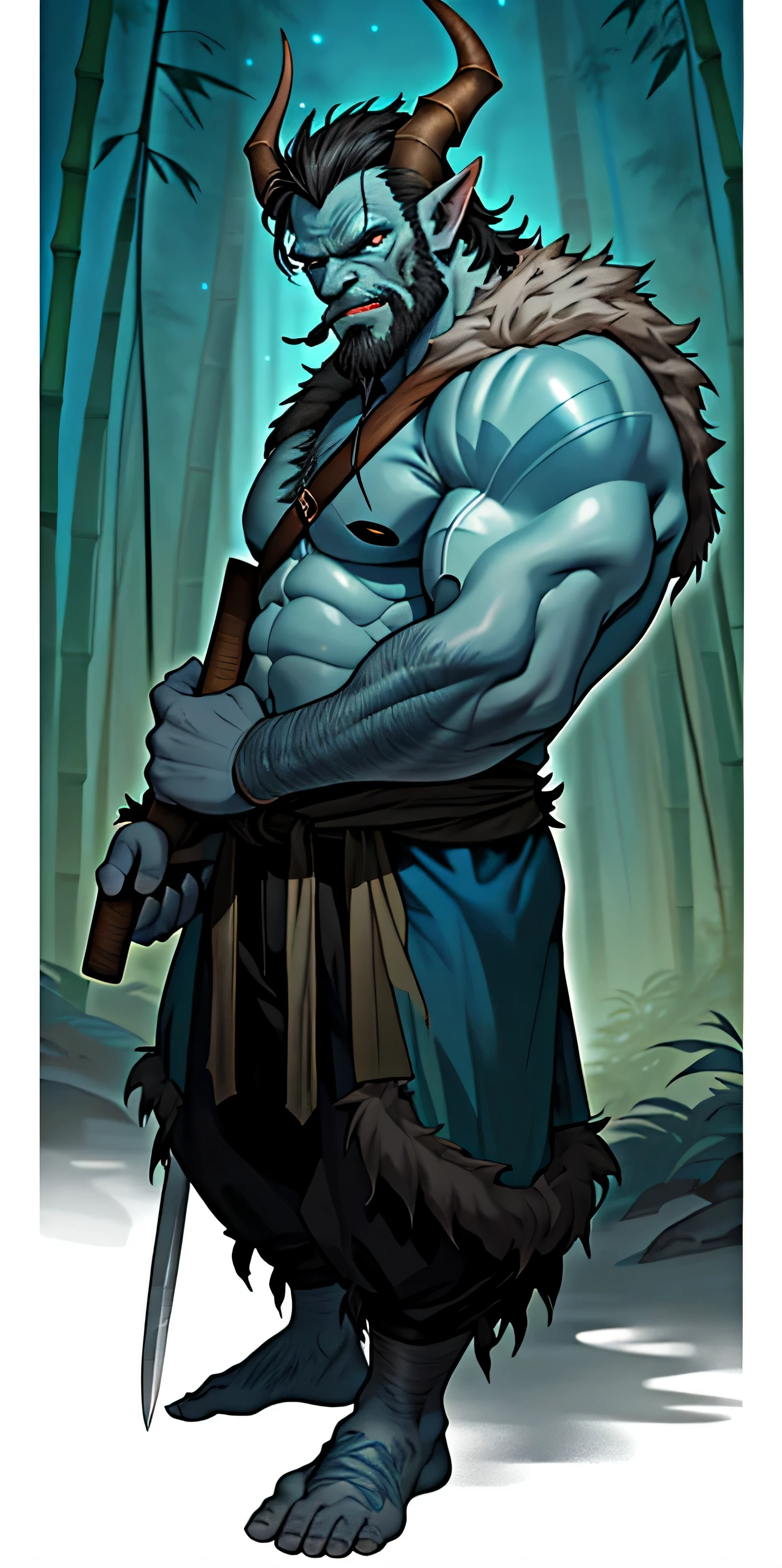blue orc monster, Goblin with blue skin,bulky body type, Wearing only shabby, old bottoms, The bottom is fluffy fur leather., Asian middle-aged male face, Short black curly hair, 2 small horns on head, a grim expression, orc body type, Nighttime, Forest scenery, bare foot, mustache, beard, bamboo forest, Detailed and realistic backgrounds, Realistic background, A weapon that resembles a baseball bat with spikes held in the hand.,