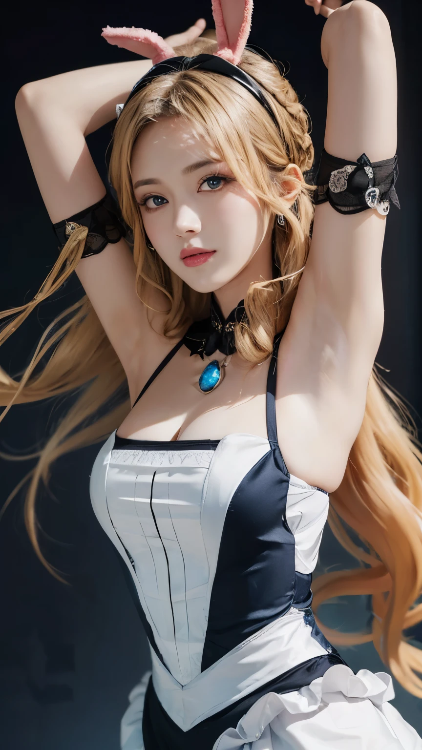 8K，highest quality，大满月background的夜晚，Beautiful and detailed night sky floating，masutepiece：1.2），（Realistic，Realism：1.37），highest quality，masutepiece，beautiful，A pensive expression，charming、seductive appearance，Cute maid outfit，Hair tied behind the head, blonde，blond，long hair，curls，blue eyes，background, light skin tone，Wearing a pink bunny ears headband，arms raised、armpit、black armpit hair（top down：1.2）