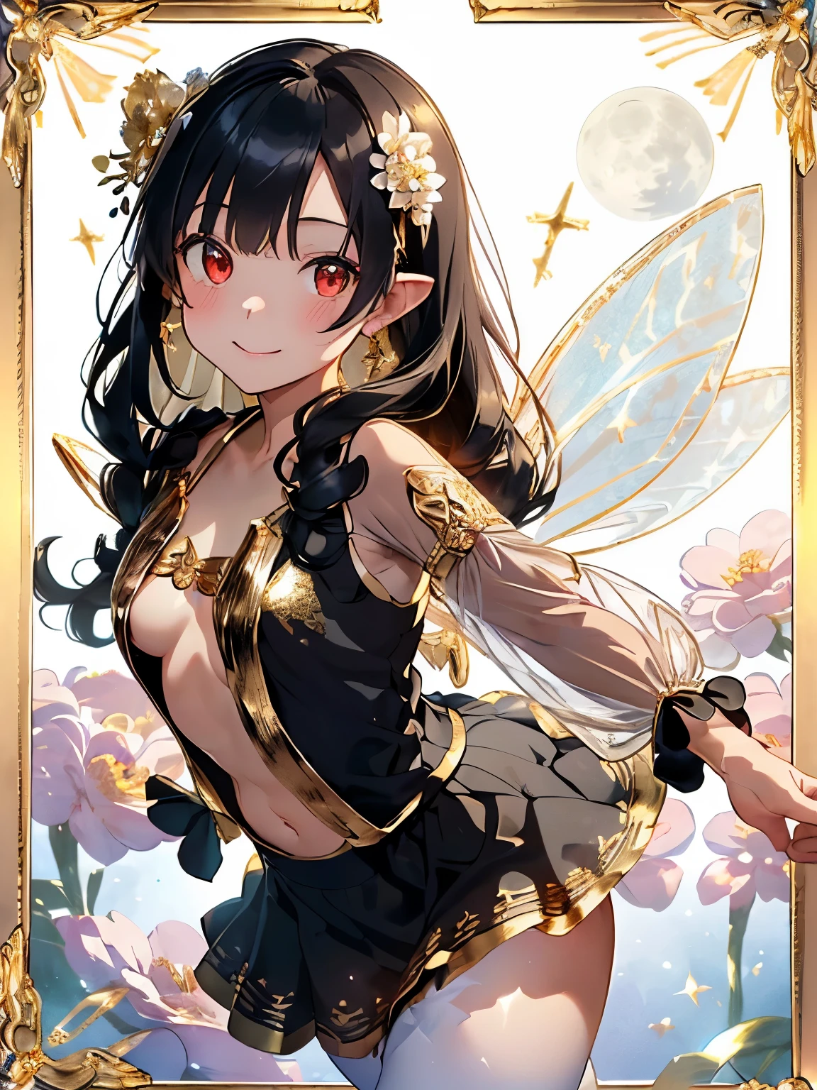 (black hair:1.2),(Odango Hair:1.3),(With bangs:1.25),(straight hair:1.1),(red eyes:1.4),(Eye size:1.5),(Accessories with flower motifs:1.3),(One piece made of smooth material:1.3),(sheer sleeve:1.35),(White corset:1.25),(asymmetric hem skirt:1.4),(fluffy pants 1.35),(gladiator shoes:1.25),(Background full of blooming flowers:1.5),(blush),(cute smile:1.3),(small breasts:1.6),(close up of face:1.25),(elf ears:1.2),(transparent wings like a fairy:1.4),(Night sky with extra large full moon:1.25),(Graceful dance:1.6),(gold luxury frame:1.6),
