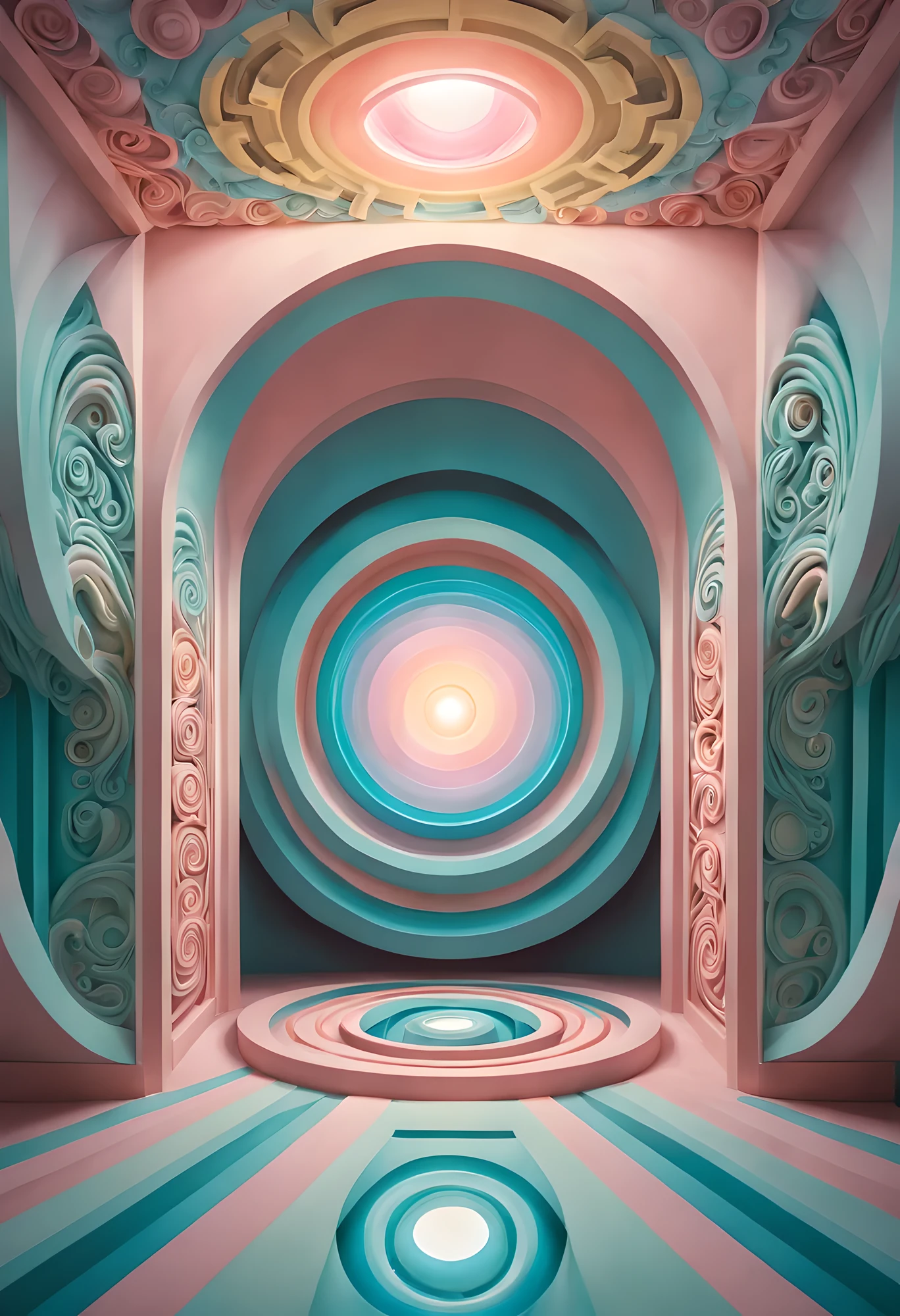 (Absurdres, Best quality, Ultra Detailed), create an esoteric artwork of an optical illusion with creative surprises and nuance elements, the lighting should enhance these features, pastel tetradtic colors
