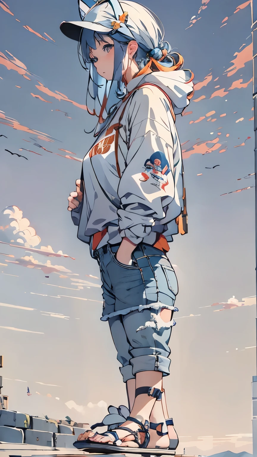 highest quality、Masseter muscle part、super detailed、8ｋ、solo、perfect anatomy、16 years old、(((巨大な岩の上に座ってlook at the skyいる女の子、look up_Kanata:1.2、look at the sky)))、Greyprint Hoodie、Straight Old Denim、barefoot、、Dusk atmosphere、evening、sunset、blurred background:1.5、outdoor、Mountains of the Andes々々々々々、orange sky、Scaly clouds