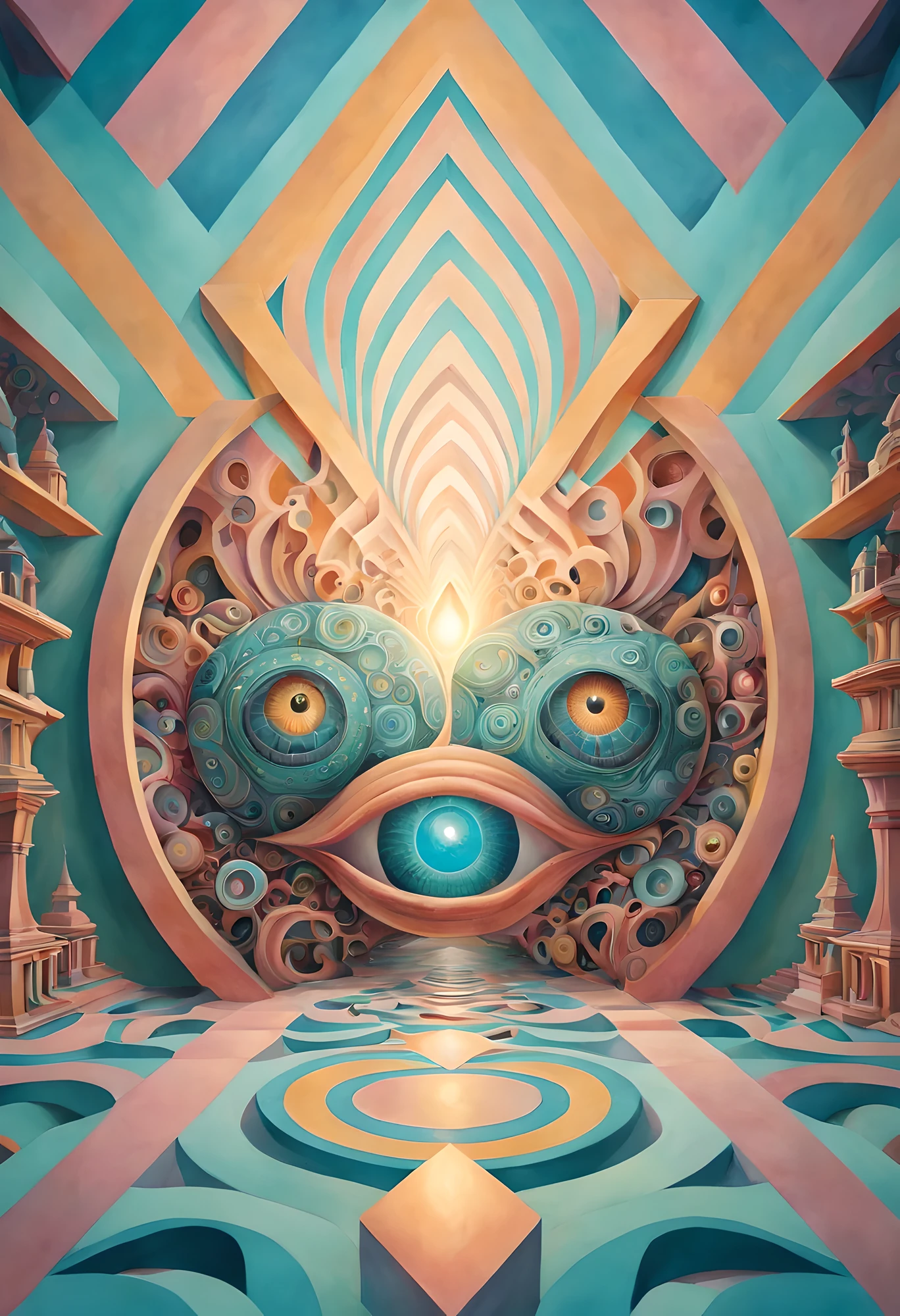 (Absurdres, Best quality, Ultra Detailed), create an esoteric artwork of an optical illusion with creative surprises and nuance elements, the lighting should enhance these features, pastel tetradtic colors
