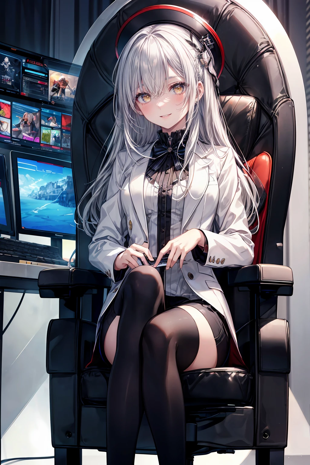 ((8Kmasterpiece,highest quality)), ultra high resolution, (masterpiece: 1.4), hyper detail, (((1 girl))),beautiful and delicate eyes,(yellow eyes),Big eyes,shining eyes of light,Thin and long eyelashes,detailed light,beautiful face,((silver hair)),((long hair)),(white suit),Black High Cut Boots,black tights,ticker,computer,(Composing music),keyboard,(guitar),(gamingroom),sitting cross-legged on a gaming chair,fearless smile,(please open your mouth wide),looking at the viewer, slender body,very big