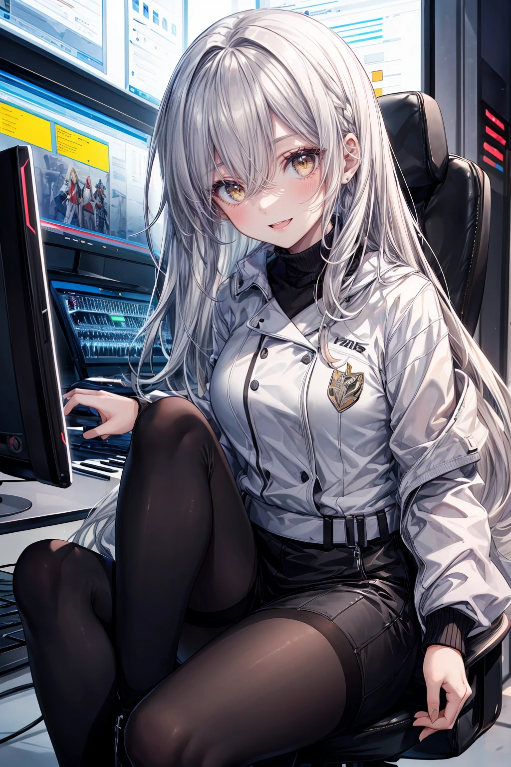 ((8Kmasterpiece,highest quality)), ultra high resolution, (masterpiece: 1.4), hyper detail, (((1 girl))),beautiful and delicate eyes,(yellow eyes),Big eyes,shining eyes of light,Thin and long eyelashes,detailed light,beautiful face,((silver hair)),((long hair)),(white suit),Black High Cut Boots,black tights,ticker,computer,(Composing music),keyboard,(guitar),(gamingroom),sitting cross-legged on a gaming chair,fearless smile,(please open your mouth wide),looking at the viewer, slender body,very big