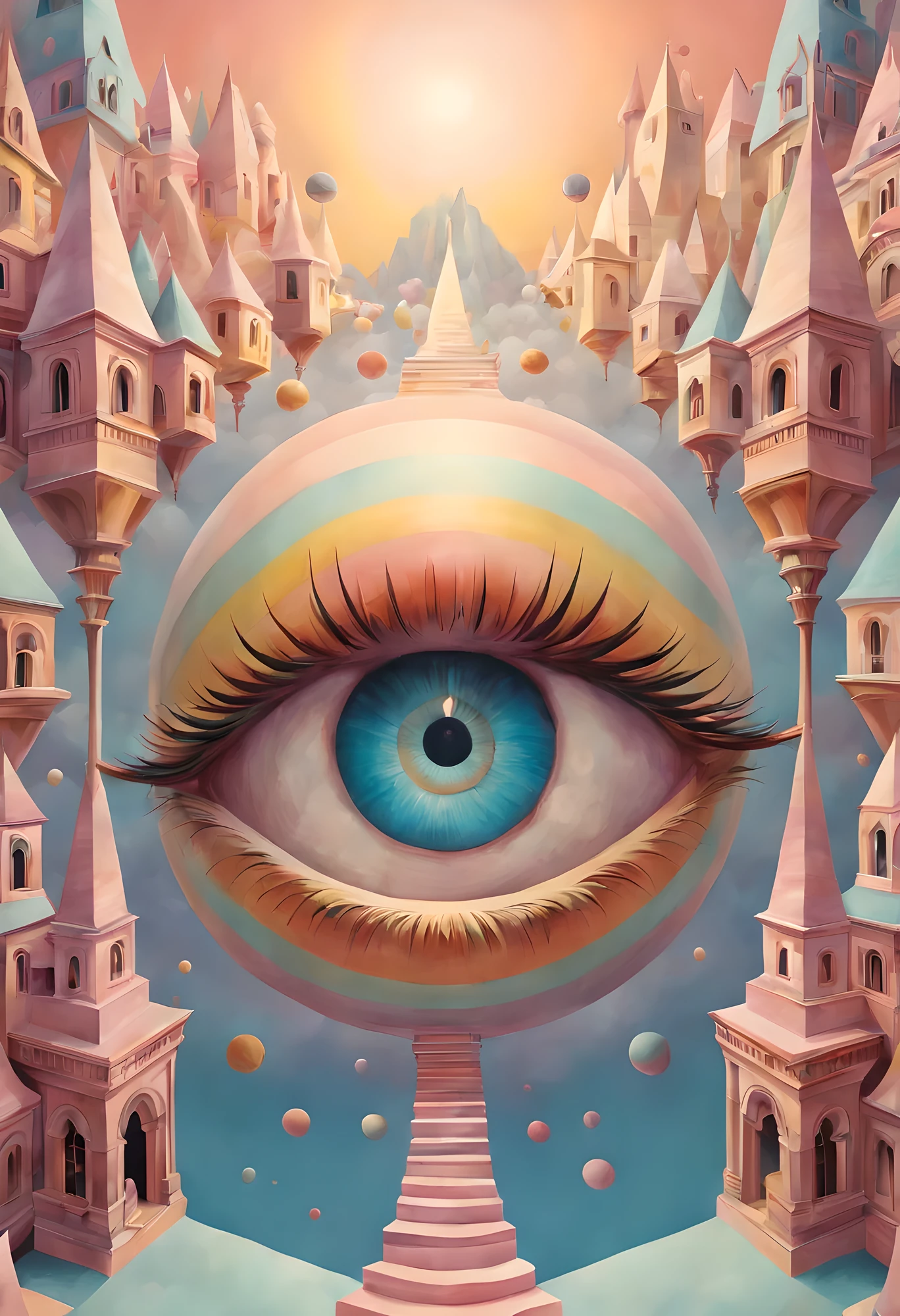 (Absurdres, Best quality, Ultra Detailed), create an esoteric artwork of an optical illusion with creative surprises and nuance elements, the lighting should enhance these features, pastel tetradtic colors
