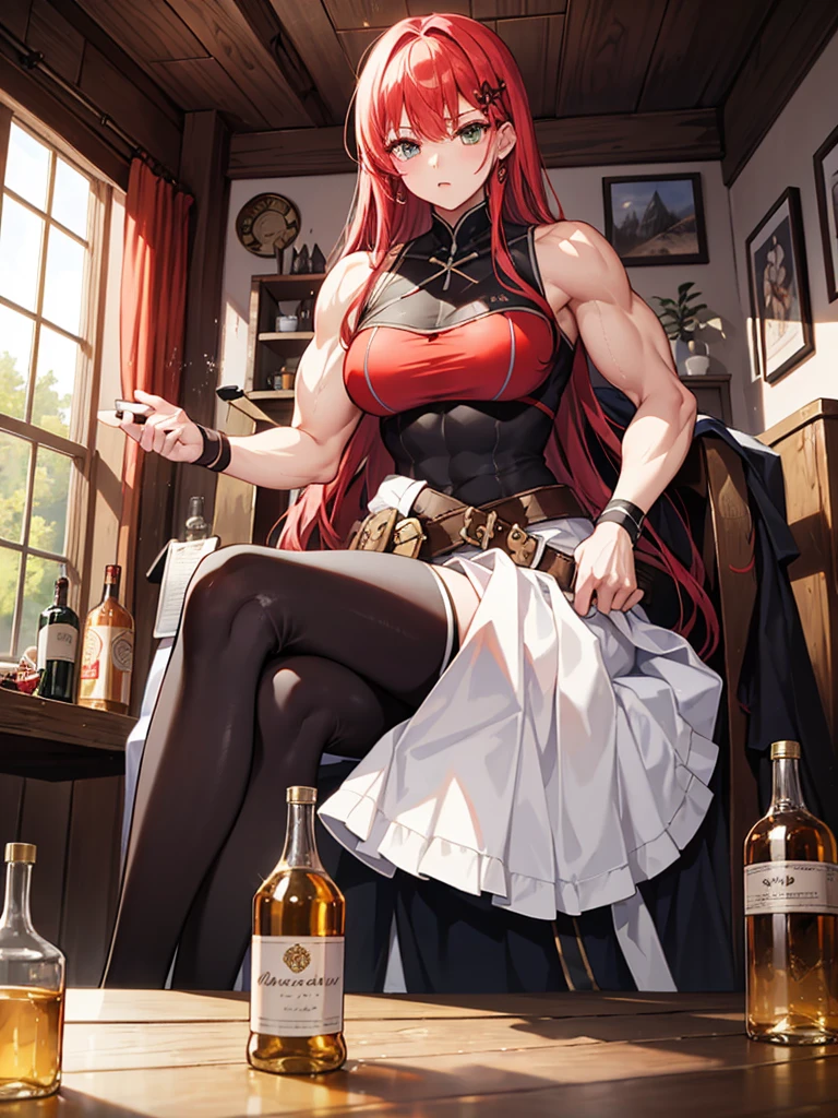 (((masterpiece、Highest image quality、highest quality、highly detailed unity 8kwallpaper)))、(((Illustration of one girl)))、(adventurer)、(((neutral)))、cool、((Long hair with red hair))、Golden eyes、((tall))、(((Muscular and strong body)))、(((Muscle Girl、Muscular and strong body、Split abs、muscular and thick arms、muscular and thick thighs)))、(((manspreading、Sitting on a chair)))、(((Clothing in the style of the Middle Ages、adventurer風の服、adventurer風の装備)))、(Medieval tavern、Liquor bottle on the table)