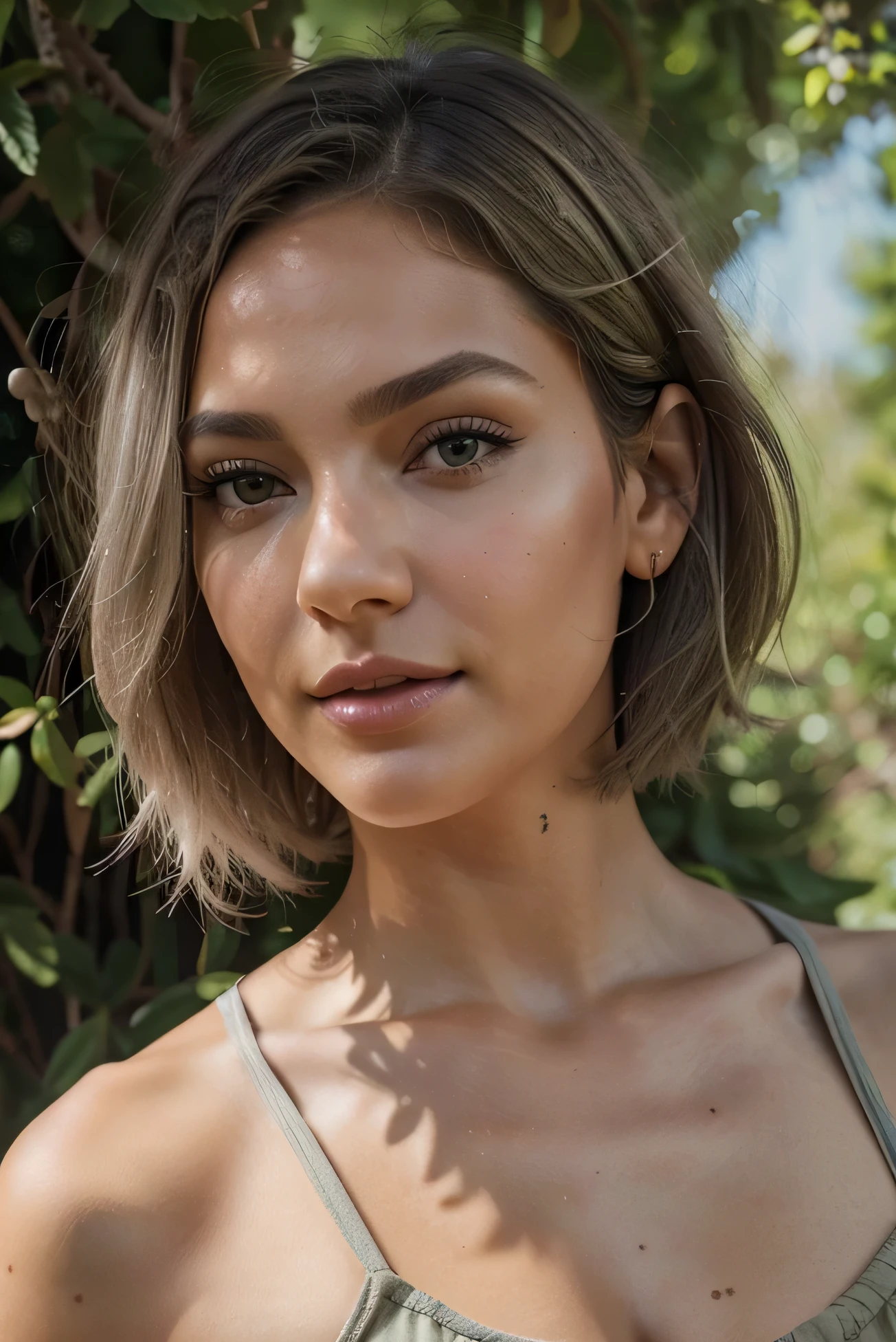 a beautiful instagram model, light grey bob short hair, hazel green eyes, olive tanned skin,1girl, solo, looking at viewer, short bob hair, grey hair, hazel green eyes,, lips, realistic, high resolution, professional photography, full face profile shot, wearing a green dress, 1.68 metres tall, high resolution, good quality, natural light, sexy