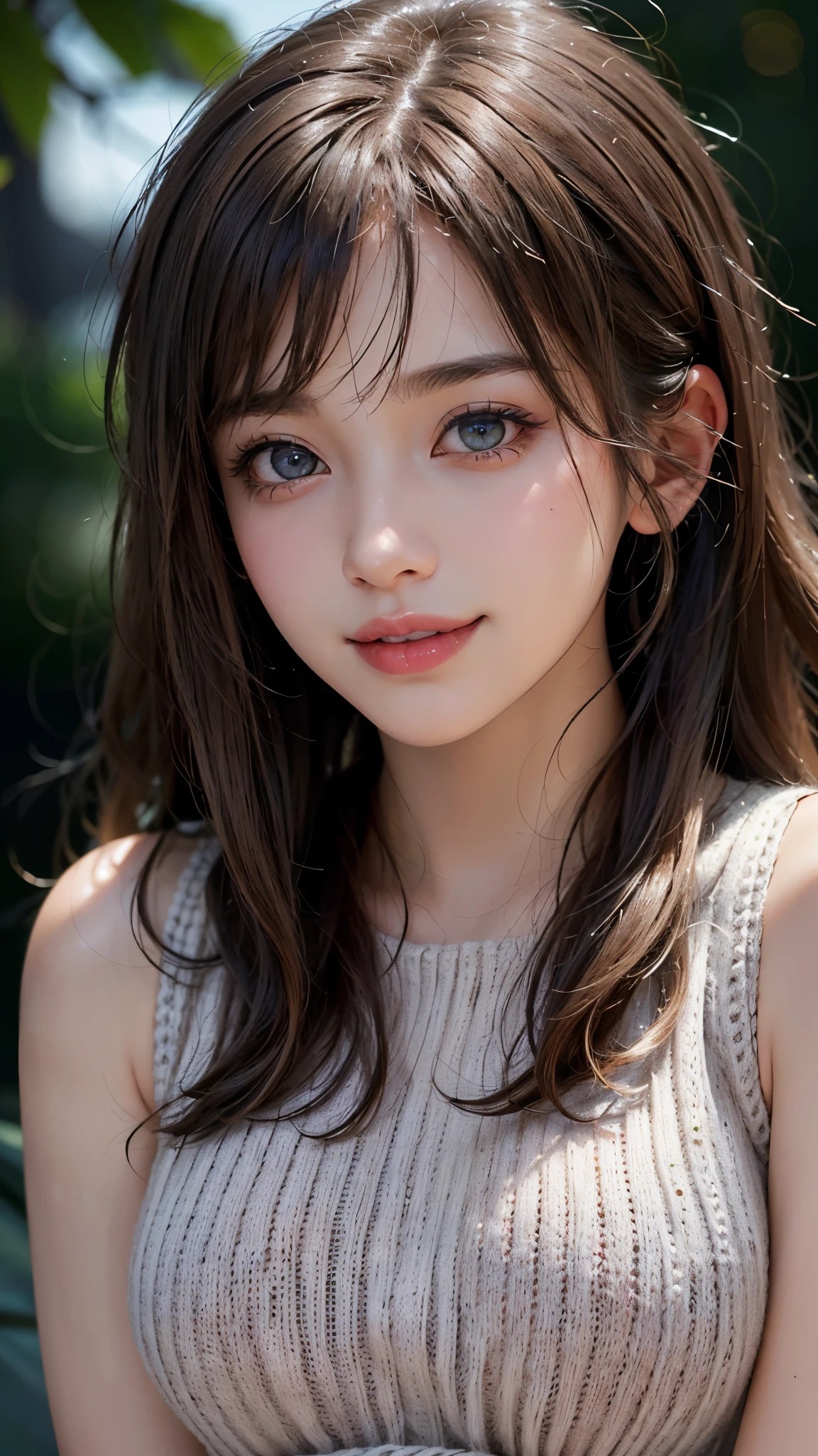 (UHD, retina, masterpiece, accurate, anatomically_correct, textured_skin, super_detail, high_details, high_quality, best_quality, high_res, 1080P, HD, 4K, 8k, 16k), (beautiful_detailed_eyes, beautiful_detailed_lips, extremely_detailed_eyes_and_face), soft_lighting, physically-based_rendering, vivid_colors, (large_breasts:1.5), (shiny_hair, shiny_skin, tanned_skin, blush), (bangs:1.5), eye_reflection, (bokeh), smile_and_laugh, (sleeveless_knit:1.5),