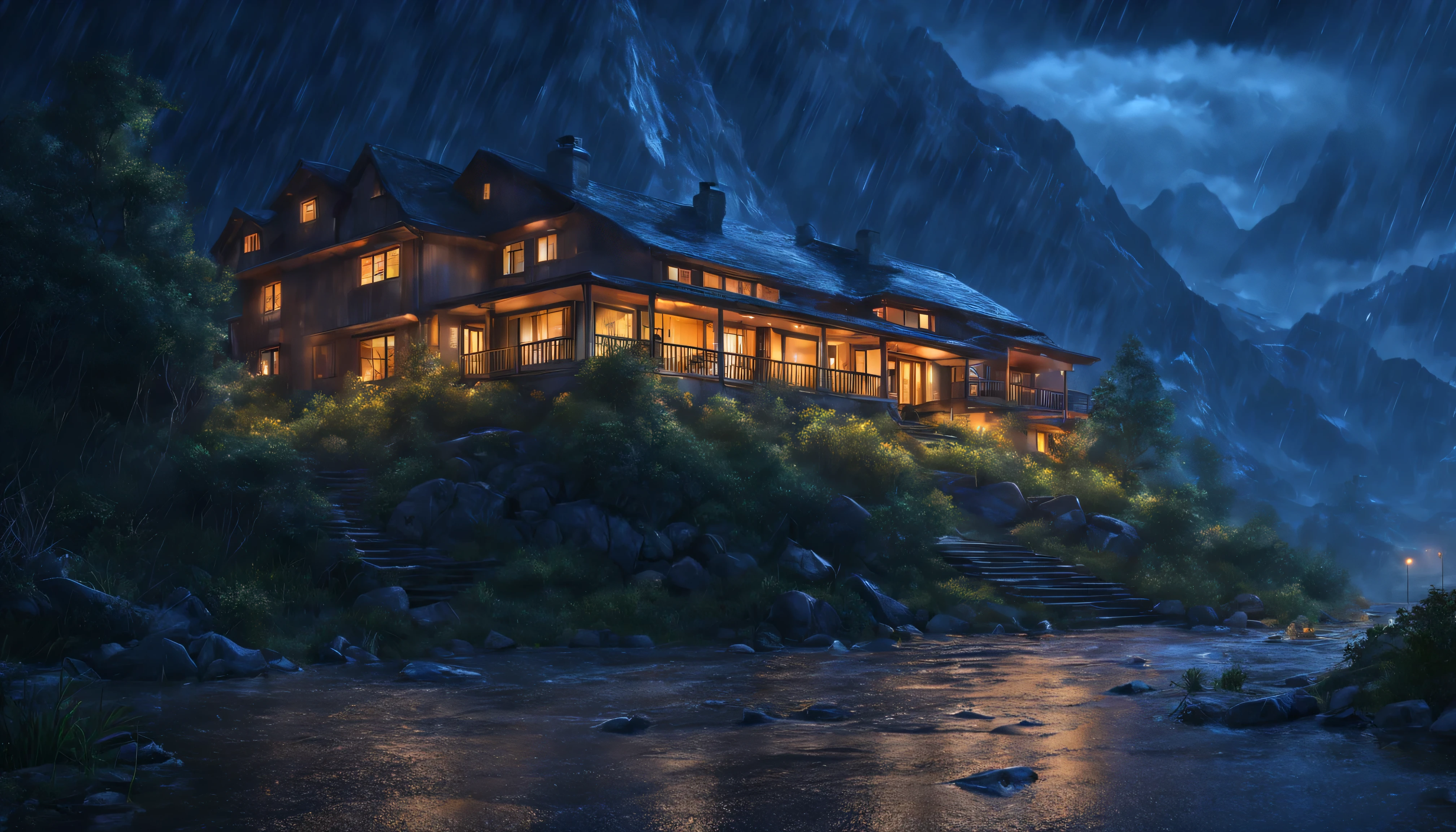 beautiful rainy night, mountains, a dream house, night, calm, alone, art, realistic, hyper-realistic, highly detailed, realism, 32k, photography, cinematic, Hyperrealistic, splash art, concept art, fictional environment, mid shot, intricately detailed, colour depth, dramatic, side light, colourful background, beautifully shot, perfect composition, atmospheric, moody, happy,