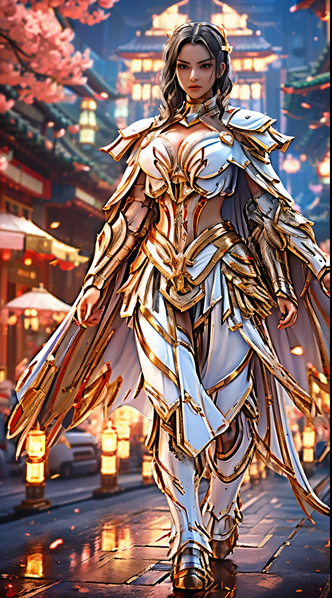 1GIRL, SOLO, (dark hair, hair gold ornament), (HUGE FAKE :1.3), (white, red, gold, FUTURISTIC MECHA BATTLE ARMOR, ROYAL CAPE, CLEAVAGE:1.5), (SKINTIGHT YOGA PANTS, HIGH HEELS:1.2), (GLAMOROUS BODY, SEXY LONG LEGS, FULL BODY:1.3), (FROM FRONT, LOOKING AT VIEWER:1), (WALKING DOWN ON STREET CHERRY TREES:1.3), PHYSICALLY-BASED RENDERING, ULTRA HIGHT DEFINITION, 8K, 1080P.