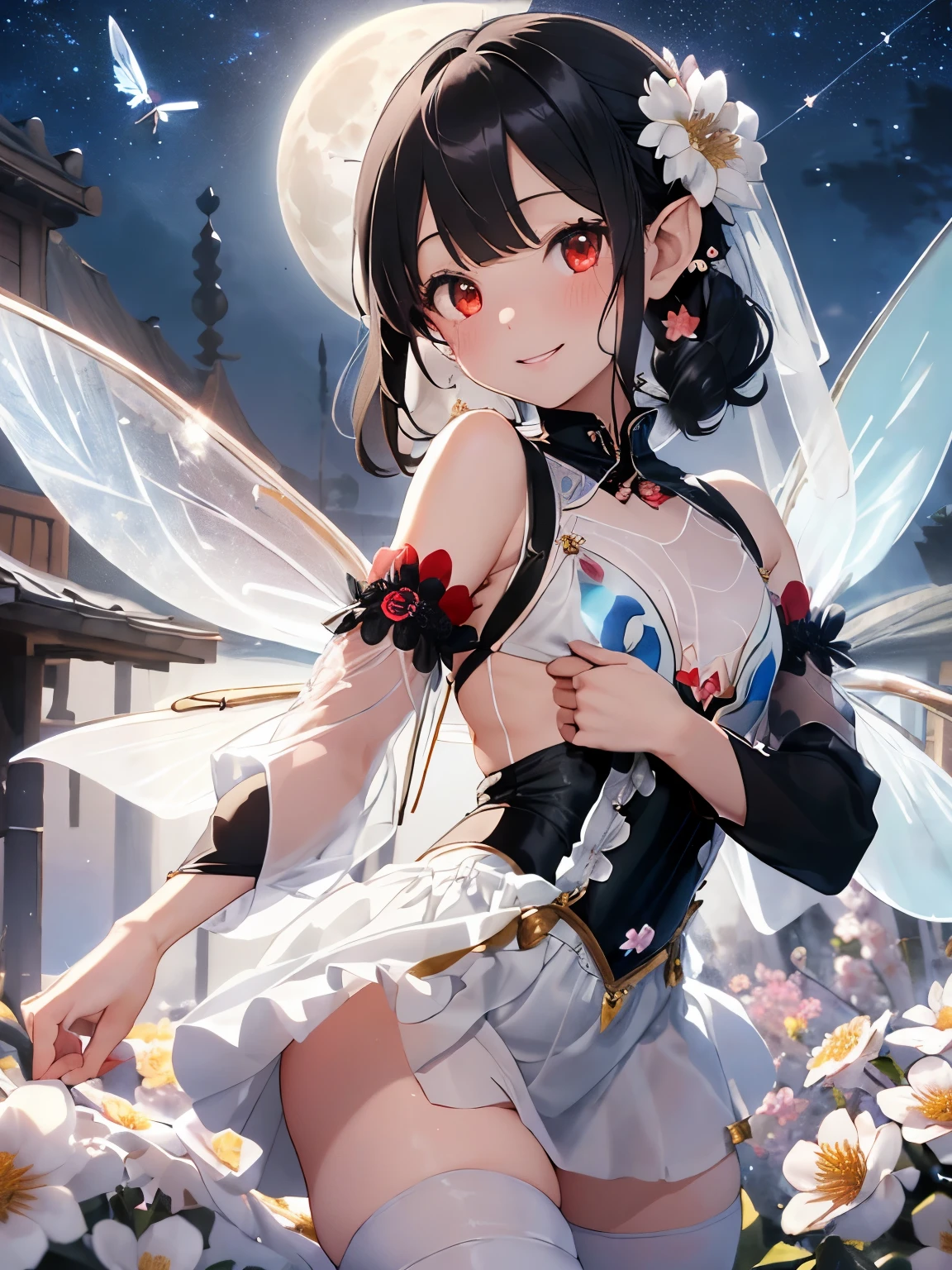 (black hair:1.2),(Odango Hair:1.3),(With bangs:1.25),(straight hair:1.1),(red eyes:1.4),(Eye size:1.5),(Accessories with flower motifs:1.3),(One piece made of smooth material:1.3),(sheer sleeve:1.35),(White corset:1.25),(asymmetric hem skirt:1.4),(fluffy pants 1.35),(gladiator shoes:1.25),(Background full of blooming flowers:1.5),(blush),(cute smile:1.3),(small breasts:1.6),(close up of face:1.25),(elf ears:1.2),(transparent wings like a fairy:1.4),(Night sky with extra large full moon:1.25),(Graceful dance:1.6),