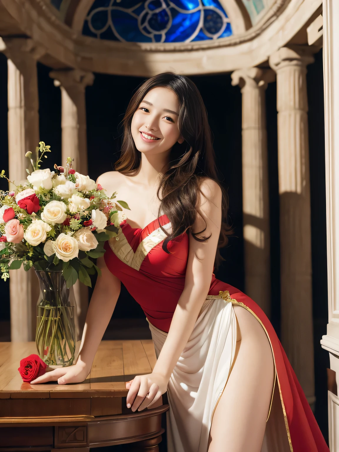 Geometry,stain glass,12 zodiac signs,Vigée Leblanc style,Math、Astronomical utensils,astronault,Roses in a vase,fruits,cute little,A smile,Ancient Greek costumes,Paintings by Sandro Botticelli,Costume with stretched shoulders,huge smile,large full breasts,??????? expression,A sexy,Beautiful bare skin,Cute smile