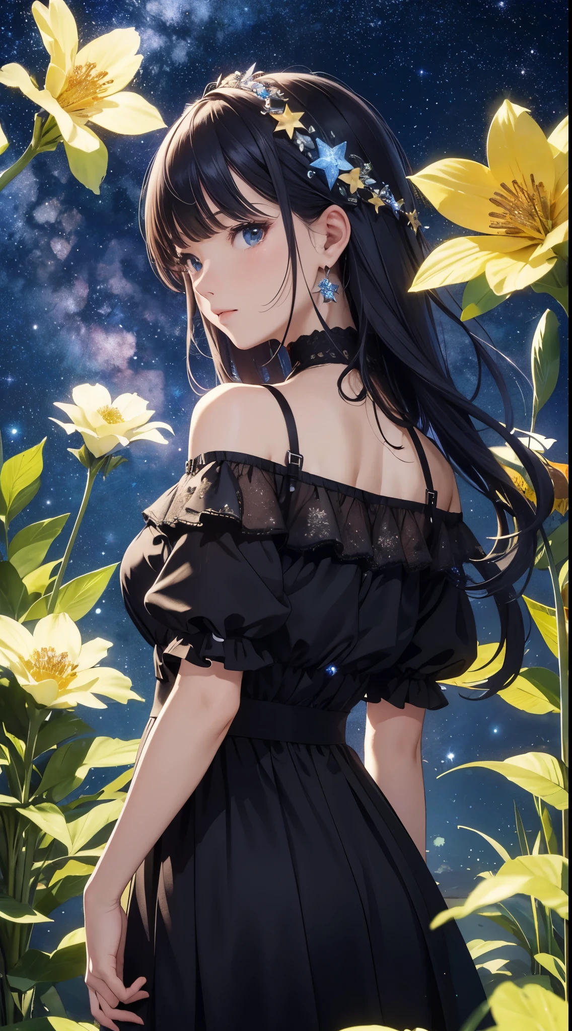 High quality, high detail, brilliant starry sky, flowers of various colors emit dazzling light CG Art 8K